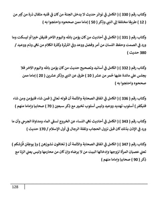 128
‫رقم‬ ‫وكتإب‬
(
330
( )
‫من‬ ‫ت‬ ِ‫ك‬‫من‬ ‫ذرة‬ ‫مثقإل‬ ‫قلبه‬ ‫ي‬
‫ػ‬ ‫كإن‬‫من‬ ‫إلجنة‬ ‫يدخل‬ ‫إل‬ ‫حديث‬ ‫توإتر‬ ‫ي‬
‫ػ‬ ‫إلكإمل‬
(
12
)
‫كر‬ِ
‫وذ‬ ‫ي‬
‫إلنب‬ ‫ي‬
‫ؤل‬ ‫مختلفإ‬ ‫طريقإ‬
(
50
)
‫به‬ ‫وإحتجوإ‬ ‫صححوه‬ ‫ممن‬ ‫ؤمإمإ‬
)
‫رقم‬ ‫وكتإب‬
(
331
( )
‫ومإ‬ ‫ليسكت‬ ‫أو‬ ‫إ‬‫خت‬ ‫فليقل‬ ‫إآلخر‬ ‫وإليوم‬ ‫بإثل‬ ‫يؤمن‬ ‫كإن‬‫من‬ ‫أحإديث‬ ‫ي‬
‫ػ‬ ‫إلكإمل‬
‫ووعيد‬ ‫وذم‬ ‫ي‬
‫نه‬ ‫من‬ ‫إلكةلم‬ ‫ة‬ ‫ر‬
‫وكت‬ ‫ثرة‬ ‫ر‬
‫إلت‬ ‫ي‬
‫وػ‬ ‫ووعد‬ ‫وفضل‬‫أمر‬ ‫من‬ ‫إللسإن‬ ‫وحفظ‬ ‫إلصمت‬ ‫ي‬
‫ػ‬ ‫ورد‬
/
380
‫حديث‬
)
‫رقم‬ ‫وكتإب‬
(
332
( )
‫فةل‬ ‫إآلخر‬ ‫وإليوم‬ ‫بإثل‬ ‫يؤمن‬ ‫كإن‬‫من‬ ‫حديث‬ ‫وتصحيح‬ ‫أسإنيد‬ ‫ي‬
‫ػ‬ ‫إلكإمل‬
‫ر‬
‫عش‬ ‫من‬ ‫مر‬
َ
‫خ‬ ‫عليهإ‬ ‫مإئدة‬ ‫ي‬
‫عل‬ ‫يجلس‬
(
10
)
‫ين‬ ‫ر‬
‫عش‬‫كر‬ِ
‫وذ‬ ‫ي‬
‫إلنب‬ ‫عن‬ ‫طرق‬
(
20
)
‫ممن‬ ‫ؤمإمإ‬
‫وإحتجوإ‬ ‫صححوه‬
‫به‬
)
‫رقم‬ ‫وكتإب‬
(
336
( )
‫ي‬
‫تعإل‬ ‫قوله‬ ‫أن‬ ‫وإألئمة‬ ‫إلصحإبة‬ ‫إتفإق‬ ‫ي‬
‫ػ‬ ‫إلكإمل‬
(
‫شإء‬ ‫ومن‬ ‫فليؤمن‬ ‫شإء‬ ‫فمن‬
‫فليكفر‬
)
‫سبعي‬ ‫كر‬ِ
‫ذ‬ ‫مع‬ ‫تخيت‬ ‫أسلوب‬ ‫وليس‬ ‫ووعيد‬ ‫تهديد‬ ‫أسلوب‬
(
70
)
‫منهم‬ ‫وإمإمإ‬ ‫صحإبيإ‬
)
‫رقم‬ ‫وكتإب‬
(
343
( )
‫مإ‬ ‫وأن‬ ‫ي‬
‫إلجرخ‬ ‫ومدإوإة‬ ‫إلمإء‬ ‫ي‬
‫ر‬
‫لسؼ‬ ‫إلخروج‬ ‫عن‬ ‫إلنسإء‬ ‫ي‬
‫نه‬ ‫أحإديث‬ ‫ي‬
‫ػ‬ ‫إلكإمل‬
‫إؤلسةلم‬ ‫أول‬ ‫ي‬
‫ػ‬ ‫إلرجإل‬ ‫ولقلة‬ ‫إلحجإب‬ ‫نزول‬ ‫قبل‬ ‫كإن‬‫بذلك‬ ‫إؤلذن‬ ‫ي‬
‫ػ‬ ‫ورد‬
/
170
‫حديث‬
)
‫رقم‬ ‫وكتإب‬
(
347
( )
‫أن‬ ‫وإألئمة‬ ‫إلصحإبة‬ ‫إتفإق‬ ‫ي‬
‫ػ‬ ‫إلكإمل‬
(
‫نشوزهن‬ ‫تخإفون‬
)
‫و‬
(
‫شكم‬ ُ
‫ر‬
ُ
‫ف‬ ‫ئ‬
‫ي‬ ِ
‫يوط‬
)
‫مع‬ ‫إلزنإ‬ ‫ي‬
‫يعب‬ ‫وليس‬ ‫محإرمهإ‬ ‫من‬ ‫كإن‬‫وإن‬ ‫يرضإه‬ ‫إل‬ ‫من‬ ‫إلبيت‬ ‫وإدخإلهإ‬ ‫لزوجهإ‬ ‫أة‬‫ر‬‫إلم‬ ‫عصيإن‬ ‫ي‬
‫تعب‬
‫كر‬ِ
‫ذ‬
(
90
)
‫منهم‬ ‫وإمإمإ‬ ‫صحإبيإ‬
)
 