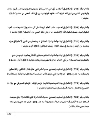 129
‫رقم‬ ‫وكتإب‬
(
349
( )
‫مؤمن‬ ‫فيهم‬ ‫وليس‬ ‫ويصومون‬ ‫يصلون‬ ‫زمإن‬ ‫إلنإس‬ ‫ي‬
‫عل‬ ‫ي‬
‫ر‬
‫يأب‬ ‫أحإديث‬ ‫ي‬
‫ػ‬ ‫إلكإمل‬
‫أحإديث‬ ‫من‬ ‫ي‬
‫إلمعب‬ ‫ذلك‬ ‫ي‬
‫ػ‬ ‫ورد‬ ‫ومإ‬ ‫أفوإجإ‬ ‫دخلوه‬ ‫كمإ‬‫أفوإجإ‬ ‫تل‬ ‫دين‬ ‫من‬ ‫إلنإس‬ ‫وليخرجن‬
/
100
‫حديث‬
)
‫رقم‬ ‫وكتإب‬
(
350
( )
‫إلعبد‬ ‫يحإسب‬ ‫تل‬ ‫وإن‬ ‫مسلم‬ ‫كل‬ ‫ي‬
‫عل‬ ‫فريضة‬ ‫إلعلم‬ ‫طلب‬ ‫أحإديث‬ ‫ي‬
‫ػ‬ ‫إلكإمل‬
‫أحإديث‬ ‫من‬ ‫ي‬
‫إلمعب‬ ‫ذلك‬ ‫ي‬
‫ػ‬ ‫ورد‬ ‫ومإ‬ ‫تعلمت‬ ‫أإل‬ ‫تل‬ ‫فيقول‬ ‫جهلت‬ ‫إلعبد‬ ‫فيقول‬
/
300
‫حديث‬
)
‫رقم‬ ‫وكتإب‬
(
351
( )
‫هوإه‬ ‫وإفق‬ ‫مإ‬ ‫ؤإل‬ ‫إلدين‬ ‫من‬ ‫يستعمل‬ ‫إل‬ ‫إلمنإفق‬ ‫ؤن‬ ‫وأحإديث‬ ‫آيإت‬ ‫ي‬
‫ػ‬ ‫إلكإمل‬
‫إلمنإفقي‬ ‫ونعت‬ ‫إلنفإق‬ ‫صفة‬ ‫ي‬
‫ػ‬ ‫وأحإديث‬ ‫آيإت‬ ‫من‬ ‫ورد‬ ‫ومإ‬
/
690
‫وحديث‬ ‫آية‬
)
‫رقم‬ ‫وكتإب‬
(
353
( )
‫مدح‬ ‫من‬ ‫فيهم‬ ‫ورد‬ ‫ومإ‬‫إلكبإئر‬ ‫ي‬
‫مجتنب‬ ‫إلمتقي‬ ‫وأحإديث‬ ‫آيإت‬ ‫ي‬
‫ػ‬ ‫إلكإمل‬
‫ووعيد‬ ‫ولعن‬ ‫ذم‬ ‫من‬ ‫فيهم‬ ‫ورد‬ ‫ومإ‬‫إلكبإئر‬ ‫ي‬
‫مرتكب‬ ‫وإلفإسقي‬ ‫ووعد‬ ‫وفضل‬
/
1450
‫وحديث‬ ‫آية‬
)
‫رقم‬ ‫وكتإب‬
(
376
( )
‫وإلقإسطي‬ ‫إلنإكثي‬ ‫بقتإل‬
ً
‫عليإ‬ ‫ي‬
‫إلنب‬ ‫أمر‬ ‫حديث‬ ‫وتصحيح‬ ‫أسإنيد‬ ‫ي‬
‫ػ‬ ‫إلكإمل‬
‫ين‬ ‫ر‬
‫عش‬ ‫من‬ ‫وإلمإرقي‬
(
20
)
‫تكذيبه‬ ‫من‬ ‫إألئمة‬ ‫عن‬ ‫نقل‬ ‫فيمإ‬ ‫تيمية‬ ‫إبن‬ ‫كذب‬‫وبيإن‬ ‫ي‬
‫إلنب‬ ‫عن‬ ‫طريقإ‬
)
‫رقم‬ ‫وكتإب‬
(
379
( )
‫كتإب‬‫نسبة‬ ‫كذب‬‫بيإن‬ ‫ي‬
‫ػ‬ ‫إلكإمل‬
(
‫إؤليك‬ ‫نوإض‬
)
‫أن‬ ‫بيإن‬ ‫مع‬ ‫ي‬
‫إلسيوط‬ ‫لبلمإم‬
‫وإلتعزير‬ ‫للعقوبة‬ ‫مستوجب‬ ‫فسق‬ ‫وإلبذإء‬ ‫بإلفحش‬ ‫ح‬ ‫إلترصي‬
)
‫رقم‬ ‫وكتإب‬
(
383
( )
‫مرضت‬ ‫ي‬
‫ر‬
‫إبنب‬ ‫ؤن‬ ‫فقإلت‬ ‫ي‬
‫للنب‬ ‫أة‬‫ر‬‫إم‬ ‫أتت‬ ‫حديث‬ ‫وتصحيح‬ ‫أسإنيد‬ ‫ي‬
‫ػ‬ ‫إلكإمل‬
‫ر‬
‫عش‬ ‫من‬ ‫وإلموصولة‬ ‫إلوإصلة‬ ‫فلعن‬ ‫فيه‬ ‫أفأصل‬ ‫شعرهإ‬ ‫فسقط‬
(
10
)
‫شدة‬ ‫وبيإن‬ ‫ي‬
‫إلنب‬ ‫عن‬ ‫طرق‬
‫ذلك‬ ‫خإلف‬ ‫من‬ ‫ضعف‬
)
 