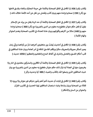 134
‫رقم‬ ‫وكتإب‬
(
436
)
(
‫فإعلهإ‬ ‫وفسق‬ ‫وإلغنإء‬ ‫إلمعإزف‬ ‫حرمة‬ ‫ي‬
‫عل‬ ‫وإألئمة‬ ‫إلصحإبة‬ ‫إتفإق‬ ‫ي‬
‫ػ‬ ‫إلكإمل‬
‫كر‬ِ
‫ذ‬ ‫مع‬
(
230
)
‫ذلك‬ ‫خةلف‬ ‫إألئمة‬ ‫أحد‬ ‫عن‬ ‫نقل‬ ‫من‬ ‫وفحش‬ ‫كذب‬‫وبيإن‬ ‫منهم‬ ‫وإمإمإ‬ ‫صحإبيإ‬
)
‫رقم‬ ‫وكتإب‬
(
437
)
(
‫إؤلسةلم‬ ‫عن‬ ‫يرتد‬ ‫من‬ ‫بقتل‬ ‫إلردة‬ ‫حد‬ ‫أن‬ ‫وإألئمة‬ ‫إلصحإبة‬ ‫إتفإق‬ ‫ي‬
‫ػ‬ ‫إلكإمل‬
‫كر‬ِ
‫ذ‬ ‫مع‬ ‫ورة‬‫بإلرص‬ ‫إلدين‬ ‫من‬ ‫معلوم‬ ‫به‬ ‫مقطوع‬ ‫متوإتر‬ ‫حكم‬ ‫فعل‬ ‫أو‬ ‫بقول‬
(
360
)
‫وإمإمإ‬ ‫صحإبيإ‬
‫و‬ ‫منهم‬
(
640
)
‫إلمتوإتر‬ ‫وهدم‬ ‫إلصحإبة‬ ‫تكذيب‬ ‫ي‬
‫ػ‬ ‫إلحدثإء‬ ‫عإدة‬ ‫وبيإن‬ ‫وأقوإلهم‬ ‫آثإرهم‬ ‫من‬ ‫مثإإل‬
‫إألئمة‬ ‫وإتهإم‬
)
‫رقم‬ ‫وكتإب‬
(
438
)
(
‫زمإن‬ ‫ي‬
‫ر‬
‫ويأب‬ ‫أوإلهمإ‬ ‫من‬ ٌّ ‫ر‬
‫ش‬ ‫إهمإ‬‫ر‬‫أخ‬ ‫جإهليتي‬ ‫بي‬
ُ
‫ثت‬ ِ
‫ع‬
ُ
‫ب‬ ‫أحإديث‬ ‫ي‬
‫ػ‬ ‫إلكإمل‬
‫ي‬
‫ػ‬ ‫إلمنإفقي‬ ‫عإدة‬ ‫وبيإن‬ ‫إلعإمة‬ ‫أمر‬ ‫ي‬
‫ػ‬ ‫إلتإفه‬ ‫إلفإسق‬ ‫ويتكلم‬ ‫إ‬‫ر‬‫منك‬ ‫وإلمعروف‬ ‫معروفإ‬ ‫إلمنكر‬ ‫يصت‬
‫وإلتعظيم‬ ‫وإلتفخيم‬ ‫إلمدح‬ ‫ألفإظ‬ ‫ي‬
‫ؤل‬ ‫ك‬ ‫ر‬
‫وإلش‬ ‫وإلفحش‬ ‫إلفسق‬ ‫أحكإم‬ ‫قلب‬
/
1050
‫حديث‬
)
‫رقم‬ ‫وكتإب‬
(
439
)
(
‫وإل‬‫إلنإر‬ ‫ي‬
‫ػ‬ ‫مخلدون‬ ‫كي‬ ‫ر‬
‫وإلمش‬ ‫إلكإفرين‬ ‫أن‬ ‫وإألئمة‬ ‫إلصحإبة‬ ‫إتفإق‬ ‫ي‬
‫ػ‬ ‫إلكإمل‬
‫بيإن‬ ‫مع‬ ‫ورة‬‫بإلرص‬ ‫إلدين‬ ‫من‬ ‫معلوم‬ ‫به‬ ‫مقطوع‬ ‫متوإتر‬ ‫حكم‬ ‫ذلك‬ ‫وأن‬ ‫أبدإ‬ ‫إلجنة‬ ‫ي‬
‫ؤل‬ ‫منهإ‬ ‫يخرجون‬
‫وإلعبث‬ ‫بإلكذب‬ ‫تل‬ ‫وصفوإ‬ ‫إلذين‬ ‫إلمنإفقي‬ ‫خبث‬
/
480
‫وأثر‬ ‫وحديث‬ ‫آية‬
)
‫رقم‬ ‫وكتإب‬
(
440
)
(
‫ؤإل‬ ‫يرويه‬ ‫وإل‬‫متوإتر‬ ‫غت‬ ‫دنيإكم‬ ‫بأمور‬ ‫أعلم‬ ‫أنتم‬ ‫حديث‬ ‫أن‬ ‫ؤثبإت‬ ‫ي‬
‫ػ‬ ‫إلكإمل‬
‫إلقرآن‬ ‫تكذيب‬ ‫ي‬
‫ػ‬ ‫إلحديث‬ ‫لهذإ‬ ‫إلمنإفقي‬ ‫إستعمإل‬ ‫وغبإء‬ ‫بشإعة‬ ‫وبيإن‬ ‫إلصحإبة‬ ‫من‬ ‫ثةلثة‬
‫وإألحكإم‬ ‫إلسي‬ ‫من‬ ‫وإلمتوإتر‬
)
 