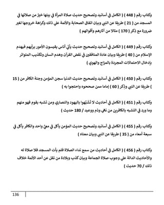 136
‫رقم‬ ‫وكتإب‬
(
448
)
(
‫ي‬
‫ػ‬ ‫صةلتهإ‬ ‫من‬ ٌ
‫خت‬ ‫بيتهإ‬ ‫ي‬
‫ػ‬ ‫أة‬‫ر‬‫إلم‬ ‫صةلة‬ ‫حديث‬ ‫وتصحيح‬ ‫أسإنيد‬ ‫ي‬
‫ػ‬ ‫إلكإمل‬
‫من‬ ‫إلمسجد‬
(
21
)
‫لغت‬ ‫خروجهإ‬ ‫إهة‬‫ر‬‫وك‬ ‫ذلك‬ ‫ي‬
‫عل‬ ‫وإألئمة‬ ‫إلصحإبة‬ ‫إتفإق‬ ‫وبيإن‬ ‫ي‬
‫إلنب‬ ‫عن‬ ‫طريقإ‬
‫كر‬ِ
‫ذ‬ ‫مع‬ ‫ورة‬‫ض‬
(
170
)
‫وأقوإلهم‬ ‫آثإرهم‬ ‫من‬ ‫مثإإل‬
)
‫رقم‬ ‫وكتإب‬
(
449
)
(
‫فيهدم‬ ‫أيهم‬‫ر‬‫ب‬ ‫إألمور‬ ‫يقيسون‬ ‫أنإس‬ ‫ي‬
‫ر‬
‫يأب‬ ‫حديث‬ ‫وتصحيح‬ ‫أسإنيد‬ ‫ي‬
‫ػ‬ ‫إلكإمل‬
‫من‬ ‫إؤلسةلم‬
(
40
)
‫إلمتوإتر‬ ‫وتكذيب‬ ‫إلسي‬ ‫وهدم‬ ‫إلقرآن‬ ‫نقض‬ ‫ي‬
‫ػ‬ ‫إلمنإفقي‬ ‫عإدة‬ ‫وبيإن‬ ‫طريقإ‬
‫وإلهوي‬ ‫إج‬‫ز‬‫بإلم‬ ‫إلمجردة‬ ‫إإلحتمإإلت‬ ‫بإدخإل‬
)
‫رقم‬ ‫وكتإب‬
(
450
)
(
‫من‬ ‫إلكإفر‬ ‫وجنة‬ ‫إلمؤمن‬ ‫سجن‬ ‫إلدنيإ‬ ‫حديث‬ ‫وتصحيح‬ ‫أسإنيد‬ ‫ي‬
‫ػ‬ ‫إلكإمل‬
(
15
)
‫كر‬ِ
‫وذ‬ ‫ي‬
‫إلنب‬ ‫عن‬ ‫طريقإ‬
(
60
)
‫به‬ ‫وإحتجوإ‬ ‫صححوه‬ ‫ممن‬ ‫ؤمإمإ‬
)
‫رقم‬ ‫وكتإب‬
(
451
)
(
‫منهم‬ ‫فهو‬ ‫بقوم‬ ‫تشبه‬ ‫ومن‬ ‫وإلنصإري‬ ‫بإليهود‬ ‫هوإ‬َّ‫ب‬
َ
‫ش‬
َ
‫ت‬ ‫إل‬ ‫أحإديث‬ ‫ي‬
‫ػ‬ ‫إلكإمل‬
‫ووعيد‬ ‫وذم‬ ‫ي‬
‫نه‬ ‫من‬ ‫بإلكإفرين‬ ‫إلتشبه‬ ‫ي‬
‫ػ‬ ‫ورد‬ ‫ومإ‬
/
180
‫حديث‬
)
‫رقم‬ ‫وكتإب‬
(
455
)
(
‫ي‬
‫ػ‬ ‫يأكل‬ ‫وإلكإفر‬ ‫وإحد‬ ٍّ
‫ي‬
‫مغ‬ ‫ي‬
‫ػ‬ ‫يأكل‬ ‫إلمؤمن‬ ‫حديث‬ ‫وتصحيح‬ ‫أسإنيد‬ ‫ي‬
‫ػ‬ ‫إلكإمل‬
‫من‬ ‫أمعإء‬ ‫سبعة‬
(
35
)
‫معنإه‬ ‫وبيإن‬ ‫ي‬
‫إلنب‬ ‫عن‬ ‫طريقإ‬
)
‫رقم‬ ‫وكتإب‬
(
456
)
(
‫له‬ ‫صةلة‬ ‫فةل‬ ‫إلمسجد‬ ‫يأت‬ ‫فلم‬ ‫إلصةلة‬ ‫ندإء‬ ‫سمع‬ ‫من‬ ‫أحإديث‬ ‫ي‬
‫ػ‬ ‫إلكإمل‬
‫خةلف‬ ‫إألئمة‬ ‫أحد‬ ‫عن‬ ‫نقل‬ ‫من‬ ‫وبةلدة‬ ‫كذب‬‫وبيإن‬ ‫إلجمإعة‬ ‫صةلة‬ ‫وجوب‬ ‫ي‬
‫عل‬ ‫إلدإلة‬ ‫وإألحإديث‬
‫ذلك‬
/
70
‫حديث‬
)
 