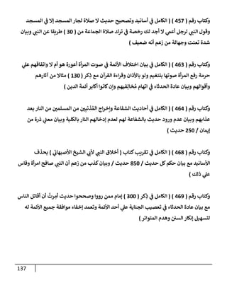 137
‫رقم‬ ‫وكتإب‬
(
457
)
(
‫إلمسجد‬ ‫ي‬
‫ػ‬ ‫ؤإل‬ ‫إلمسجد‬ ‫لجإر‬ ‫صةلة‬ ‫إل‬ ‫حديث‬ ‫وتصحيح‬ ‫أسإنيد‬ ‫ي‬
‫ػ‬ ‫إلكإمل‬
‫من‬ ‫إلجمإعة‬ ‫صةلة‬ ‫ترك‬ ‫ي‬
‫ػ‬ ‫رخصة‬ ‫لك‬ ‫أجد‬ ‫إل‬ ‫ي‬
‫أعم‬ ‫لرجل‬ ‫ي‬
‫إلنب‬ ‫وقول‬
(
30
)
‫وبيإن‬ ‫ي‬
‫إلنب‬ ‫عن‬ ‫طريقإ‬
‫ضعيف‬ ‫أنه‬ ‫زعم‬ ‫من‬ ‫وجهإلة‬ ‫تعنت‬ ‫شدة‬
)
‫رقم‬ ‫وكتإب‬
(
463
)
(
‫ي‬
‫عل‬ ‫وإتفإقهم‬ ‫إل‬ ‫أم‬ ‫هو‬ ‫أعورة‬ ‫أة‬‫ر‬‫إلم‬ ‫صوت‬ ‫ي‬
‫ػ‬ ‫إألئمة‬ ‫إختةلف‬ ‫بيإن‬ ‫ي‬
‫ػ‬ ‫إلكإمل‬
‫كر‬ِ
‫ذ‬ ‫مع‬ ‫إلقرآن‬ ‫إءة‬‫ر‬‫وق‬ ‫بإألذإن‬ ‫ولو‬ ‫بتنغيم‬ ‫صوتهإ‬ ‫أة‬‫ر‬‫إلم‬ ‫رفع‬ ‫حرمة‬
(
130
)
‫آثإرهم‬ ‫من‬ ‫مثإإل‬
‫إلدين‬ ‫أئمة‬ ‫أكإبر‬ ‫كإنوإ‬‫وإن‬ ‫فيهم‬ِ‫خإل‬ ُ‫م‬ ‫إتهإم‬ ‫ي‬
‫ػ‬ ‫إلحدثإء‬ ‫عإدة‬ ‫وبيإن‬ ‫وأقوإلهم‬
)
‫رقم‬ ‫وكتإب‬
(
464
)
(
‫بعد‬ ‫إلنإر‬ ‫من‬ ‫إلمسلمي‬ ‫من‬ ‫ي‬ِ‫ذنب‬ ُ‫إلم‬ ‫إج‬‫ر‬‫وإخ‬ ‫إلشفإعة‬ ‫أحإديث‬ ‫ي‬
‫ػ‬ ‫إلكإمل‬
‫من‬ ‫ذرة‬ ‫ي‬
‫معب‬ ‫وبيإن‬ ‫بإلكلية‬ ‫إلنإر‬ ‫ؤدخإلهم‬ ‫لعدم‬ ‫لهم‬ ‫بإلشفإعة‬ ‫حديث‬ ‫ورود‬ ‫عدم‬ ‫وبيإن‬ ‫عذإبهم‬
‫ؤيمإن‬
/
250
‫حديث‬
)
‫رقم‬ ‫وكتإب‬
(
468
)
(
‫كتإب‬‫تقريب‬ ‫ي‬
‫ػ‬ ‫إلكإمل‬
(
‫ي‬
‫إألصبهإب‬ ‫إلشيخ‬ ‫ي‬
‫ألب‬ ‫ي‬
‫إلنب‬ ‫أخةلق‬
)
‫بحذف‬
‫حديث‬ ‫كل‬‫حكم‬ ‫بيإن‬ ‫مع‬ ‫إألسإنيد‬
/
850
‫حديث‬
/
‫وقإس‬ ‫أة‬‫ر‬‫إم‬ ‫صإفح‬ ‫ي‬
‫إلنب‬ ‫أن‬ ‫زعم‬ ‫من‬ ‫كذب‬‫وبيإن‬
‫ذلك‬ ‫ي‬
‫عل‬
)
‫رقم‬ ‫وكتإب‬
(
469
)
(
‫كر‬ِ
‫ذ‬ ‫ي‬
‫ػ‬ ‫إلكإمل‬
(
300
)
‫إلنإس‬ ‫أقإتل‬ ‫أن‬
ُ
‫رت‬ ِ
‫أم‬ ‫حديث‬ ‫وصححوإ‬ ‫رووإ‬ ‫ممن‬ ‫ؤمإم‬
‫له‬ ‫إألئمة‬ ‫جميع‬ ‫موإفقة‬ ‫ؤخفإء‬ ‫وتعمد‬ ‫إألئمة‬ ‫أحد‬ ‫ي‬
‫عل‬ ‫إلجنإية‬ ‫تعصيب‬ ‫ي‬
‫ػ‬ ‫إلحدثإء‬ ‫عإدة‬ ‫بيإن‬ ‫مع‬
‫إلمتوإتر‬ ‫وهدم‬ ‫إلسي‬ ‫ؤنكإر‬ ‫لتسهيل‬
)
 