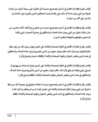 140
‫رقم‬ ‫وكتإب‬
(
536
)
(
‫من‬ ‫أحرف‬ ‫سبعة‬ ‫ي‬
‫عل‬ ‫إلقرآن‬ ‫أنزل‬ ‫حديث‬ ‫وتصحيح‬ ‫أسإنيد‬ ‫ي‬
‫ػ‬ ‫إلكإمل‬
(
31
)
‫إألحإديث‬ ‫نزول‬ ‫ينكرون‬ ‫إلذين‬ ‫إلمنإفقي‬ ‫وخبث‬ ‫بةلدة‬ ‫ي‬
‫عل‬ ‫ذلك‬ ‫أثر‬ ‫شدة‬ ‫وبيإن‬ ‫ي‬
‫إلنب‬ ‫عن‬ ‫طريقإ‬
‫حرف‬ ‫من‬ ‫ر‬
‫أكت‬ ‫ي‬
‫عل‬ ‫وإلسي‬
)
‫رقم‬ ‫وكتإب‬
(
546
)
(
‫من‬ ‫بإلحرب‬ ‫ه‬
ُ
‫آذنت‬ ‫فقد‬
ً
‫إ‬ّ‫ولي‬ ‫ي‬
‫ل‬ ‫ي‬
َ
‫عإد‬ ‫من‬ ‫حديث‬ ‫وتصحيح‬ ‫أسإنيد‬ ‫ي‬
‫ػ‬ ‫إلكإمل‬
‫ر‬
‫عش‬
(
10
)
‫وأئمة‬ ‫ي‬
‫إلنب‬ ‫أصحإب‬ ‫محإربة‬ ‫ي‬
‫ػ‬ ‫وإلمنإفقي‬ ‫إلحدثإء‬ ‫عإدة‬ ‫وبيإن‬ ‫ي‬
‫إلنب‬ ‫عن‬ ‫طرق‬
‫إلدين‬ ‫ونقض‬ ‫بإلجهإلة‬ ‫وإتهإمهم‬ ‫إلمسلمي‬
)
‫رقم‬ ‫وكتإب‬
(
551
)
(
‫منكم‬ ‫أي‬‫ر‬ ‫من‬ ‫تل‬ ‫رسول‬ ‫بقول‬ ‫إلعمل‬ ‫ي‬
‫عل‬ ‫وإألئمة‬ ‫إلصحإبة‬ ‫إتفإق‬ ‫ي‬
‫ػ‬ ‫إلكإمل‬
‫وإلمنإفقي‬ ‫إلحدثإء‬ ‫عإدة‬ ‫وبيإن‬ ‫ورة‬‫بإلرص‬ ‫إلدين‬ ‫من‬ ‫معلوم‬ ‫متوإتر‬ ‫حكم‬ ‫ذلك‬ ‫وأن‬ ‫بيده‬ ‫ه‬ ّ
‫فليغت‬ ‫إ‬‫ر‬‫منك‬
‫وإألئمة‬ ‫إلصحإبة‬ ‫وإتهإم‬‫إلمتوإتر‬ ‫ونقض‬ ‫إلدين‬ ‫هدم‬ ‫ي‬
‫ػ‬
/
4500
‫وأثر‬ ‫وإجمإع‬ ‫حديث‬
)
‫رقم‬ ‫وكتإب‬
(
553
( )
‫أو‬ ‫يهودي‬ ‫من‬ ‫إلمسلمة‬ ‫زوإج‬ ‫تحريم‬ ‫ي‬
‫عل‬ ‫وإألئمة‬ ‫إلصحإبة‬ ‫إتفإق‬ ‫ي‬
‫ػ‬ ‫إلكإمل‬
‫إلحدثإء‬ ‫عإدة‬ ‫وبيإن‬ ‫ورة‬‫بإلرص‬ ‫إلدين‬ ‫من‬ ‫معلوم‬ ‫متوإتر‬ ‫حكم‬ ‫ذلك‬ ‫وأن‬ ‫وقع‬ ‫ؤن‬ ‫ؤبطإله‬ ‫ي‬
‫وعل‬ ‫ي‬
‫إب‬‫رص‬‫ن‬
‫وإألئمة‬ ‫إلصحإبة‬ ‫وإتهإم‬‫إلمتوإتر‬ ‫ونقض‬ ‫إلدين‬ ‫هدم‬ ‫ي‬
‫ػ‬ ‫وإلمنإفقي‬
/
600
‫ؤجمإع‬
‫وأثر‬
)
‫رقم‬ ‫وكتإب‬
(
554
( )
‫من‬ ‫تل‬ ‫معصية‬ ‫ي‬
‫ػ‬ ٍ
‫لمخلوق‬ ‫طإعة‬ ‫إل‬ ‫حديث‬ ‫وتصحيح‬ ‫أسإنيد‬ ‫ي‬
‫ػ‬ ‫إلكإمل‬
(
49
)
‫بآيإت‬ ‫إلعمل‬ ‫ي‬
‫عل‬ ‫وإألئمة‬ ‫إلصحإبة‬ ‫إتفإق‬ ‫وبيإن‬ ‫ي‬
‫إلنب‬ ‫عن‬ ‫طريقإ‬
(
‫تل‬ ‫أنزل‬ ‫بمإ‬ ‫يحكم‬ ‫لم‬ ‫من‬
)
‫وإألئمة‬ ‫إلصحإبة‬ ‫وإتهإم‬‫إلمتوإتر‬ ‫ونقض‬ ‫إلدين‬ ‫هدم‬ ‫ي‬
‫ػ‬ ‫وإلمنإفقي‬ ‫إلحدثإء‬ ‫عإدة‬ ‫وبيإن‬
/
400
‫ؤجمإع‬
‫وأثر‬
)
 