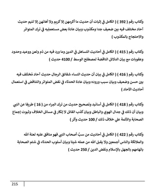 215
‫رقم‬ ‫وكتإب‬
(
392
( )
‫حديث‬ ‫لئيم‬ ‫ؤإل‬ ‫أهإنهن‬ ‫وإل‬ ‫كريم‬‫ؤإل‬ ‫أكرمهن‬ ‫مإ‬ ‫حديث‬ ‫أن‬ ‫ؤثبإت‬ ‫ي‬
‫ػ‬ ‫إلكإمل‬
‫إلمتوإتر‬ ‫ترك‬ ‫ي‬
‫ػ‬ ‫يه‬ِ‫مستعمل‬ ‫بعض‬ ‫عإدة‬ ‫وبيإن‬ ‫ومكذوب‬ ‫جدإ‬ ‫ضعيف‬ ‫بي‬ ‫فيه‬ ‫مختلف‬ ‫آحإد‬
‫بإلمكذوب‬ ‫وإإلحتجإج‬
)
‫رقم‬ ‫وكتإب‬
(
415
( )
‫إلكإمل‬
‫ي‬
‫ػ‬
‫وحدود‬ ‫ووعيد‬ ‫ولعن‬ ‫ذم‬ ‫من‬ ‫فيه‬ ‫ورد‬ ‫ومإ‬ ‫إلدين‬ ‫ي‬
‫ػ‬ ‫إلتسإهل‬ ‫أحإديث‬
‫إلوسط‬ ‫لمصطلح‬ ‫إلنإقضة‬ ‫إلدإلئل‬ ‫بيإن‬ ‫مع‬ ‫وعقوبإت‬
/
4100
‫حديث‬
)
‫رقم‬ ‫وكتإب‬
(
416
( )
‫إلكإمل‬
‫ي‬
‫ػ‬
‫فيه‬ ‫لف‬
َ
‫خت‬ ُ‫م‬ ‫آحإد‬ ‫حديث‬ ‫إلرجإل‬ ‫شقإئق‬ ‫إلنسإء‬ ‫حديث‬ ‫أن‬ ‫بيإن‬
‫إستعمإل‬ ‫ي‬
‫ػ‬ ‫وإلتنإقض‬‫إلمتوإتر‬ ‫نقض‬ ‫ي‬
‫ػ‬ ‫إلحدثإء‬ ‫عإدة‬ ‫وبيإن‬ ‫وروده‬ ‫سبب‬ ‫وبيإن‬ ‫وضعيف‬ ‫حسن‬ ‫بي‬
‫إآلحإد‬ ‫أحإديث‬
)
‫رقم‬ ‫وكتإب‬
(
418
( )
‫من‬ ‫إء‬‫ر‬ ِ
‫إلم‬ ‫ترك‬ ‫من‬ ‫حديث‬ ‫وتصحيح‬ ‫أسإنيد‬ ‫ي‬
‫ػ‬ ‫إلكإمل‬
(
16
)
‫ي‬
‫إلنب‬ ‫عن‬ ‫طريقإ‬
‫ؤجمإع‬ ‫وثبوت‬ ‫إلخةلف‬ ‫مسإئل‬ ‫ي‬
‫ػ‬ ‫ؤنكإر‬ ‫إل‬ ‫إلقإئل‬ ‫كذب‬‫وبيإن‬ ‫وإلبإطل‬ ‫إلهوي‬ ‫جدإل‬ ‫ي‬
‫ػ‬ ‫ذلك‬ ‫أن‬ ‫وبيإن‬
‫ذلك‬ ‫خةلف‬ ‫ي‬
‫عل‬ ‫وإألئمة‬ ‫إلصحإبة‬
/
100
‫حديث‬
‫وأثر‬
)
‫رقم‬ ‫وكتإب‬
(
422
( )
‫تل‬ ‫لعنة‬ ‫عليه‬ ‫منإفق‬ ‫فهو‬ ‫ي‬
‫إلنب‬ ‫أصحإب‬ َّ
‫سب‬ ‫من‬ ‫أحإديث‬ ‫ي‬
‫ػ‬ ‫إلكإمل‬
‫إلصحإبة‬ ‫شتم‬ ‫ي‬
‫ػ‬ ‫إلحدثإء‬ ‫أسلوب‬ ‫وبيإن‬ ‫شيئإ‬ ‫عمله‬ ‫من‬ ‫تل‬ ‫يقبل‬ ‫وإل‬ ‫أجمعي‬ ‫وإلنإس‬ ‫وإلمةلئكة‬
‫إلدين‬ ‫ونقض‬ ‫بإؤلسةلم‬ ‫بإلجهل‬ ‫بإتهإمهم‬
/
250
‫حديث‬
)
 