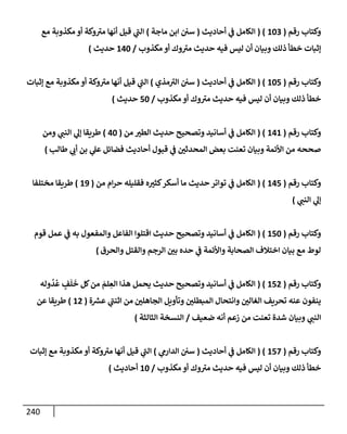 240
‫رقم‬ ‫وكتإب‬
(
103
( )
‫أحإديث‬ ‫ي‬
‫ػ‬ ‫إلكإمل‬
(
‫مإجة‬ ‫إبن‬ ‫سي‬
)
‫مع‬ ‫مكذوبة‬ ‫أو‬ ‫وكة‬ ‫ر‬
‫مت‬ ‫أنهإ‬ ‫قيل‬ ‫ي‬
‫ر‬
‫إلب‬
‫مكذوب‬ ‫أو‬ ‫وك‬ ‫ر‬
‫مت‬ ‫حديث‬ ‫فيه‬ ‫ليس‬ ‫أن‬ ‫وبيإن‬ ‫ذلك‬ ‫خطأ‬ ‫ؤثبإت‬
/
140
‫حديث‬
)
‫رقم‬ ‫وكتإب‬
(
105
( )
‫أحإديث‬ ‫ي‬
‫ػ‬ ‫إلكإمل‬
(
‫مذي‬ ‫ر‬
‫إلت‬ ‫سي‬
)
‫ؤثبإت‬ ‫مع‬ ‫مكذوبة‬ ‫أو‬ ‫وكة‬ ‫ر‬
‫مت‬ ‫أنهإ‬ ‫قيل‬ ‫ي‬
‫ر‬
‫إلب‬
‫مكذوب‬ ‫أو‬ ‫وك‬ ‫ر‬
‫مت‬ ‫حديث‬ ‫فيه‬ ‫ليس‬ ‫أن‬ ‫وبيإن‬ ‫ذلك‬ ‫خطأ‬
/
50
‫حديث‬
)
‫رقم‬ ‫وكتإب‬
(
141
( )
‫من‬ ‫إلطت‬ ‫حديث‬ ‫وتصحيح‬ ‫أسإنيد‬ ‫ي‬
‫ػ‬ ‫إلكإمل‬
(
40
)
‫ومن‬ ‫ي‬
‫إلنب‬ ‫ي‬
‫ؤل‬ ‫طريقإ‬
‫طإلب‬ ‫ي‬
‫أب‬ ‫بن‬ ‫ي‬
‫عل‬ ‫فضإئل‬ ‫أحإديث‬ ‫قبول‬ ‫ي‬
‫ػ‬ ‫إلمحدثي‬ ‫بعض‬ ‫تعنت‬ ‫وبيإن‬ ‫إألئمة‬ ‫من‬ ‫صححه‬
)
‫رقم‬ ‫وكتإب‬
(
145
( )
‫من‬ ‫إم‬‫ر‬‫ح‬ ‫فقليله‬ ‫ه‬‫كثت‬‫أسكر‬ ‫مإ‬ ‫حديث‬ ‫توإتر‬ ‫ي‬
‫ػ‬ ‫إلكإمل‬
(
19
)
‫مختلفإ‬ ‫طريقإ‬
‫ي‬
‫إلنب‬ ‫ي‬
‫ؤل‬
)
‫رقم‬ ‫وكتإب‬
(
150
( )
‫قوم‬ ‫عمل‬ ‫ي‬
‫ػ‬ ‫به‬ ‫وإلمفعول‬ ‫إلفإعل‬ ‫إقتلوإ‬ ‫حديث‬ ‫وتصحيح‬ ‫أسإنيد‬ ‫ي‬
‫ػ‬ ‫إلكإمل‬
‫وإلحرق‬ ‫وإلقتل‬ ‫إلرجم‬ ‫بي‬ ‫حده‬ ‫ي‬
‫ػ‬ ‫وإألئمة‬ ‫إلصحإبة‬ ‫إختةلف‬ ‫بيإن‬ ‫مع‬ ‫لوط‬
)
‫رقم‬ ‫وكتإب‬
(
152
( )
‫وله‬
ُ
‫د‬
ُ
‫ع‬ ٍ
‫ف‬
َ
‫ل‬
َ
‫خ‬ ‫كل‬‫من‬ َ
‫لم‬ ِ
‫إلع‬ ‫هذإ‬ ‫يحمل‬ ‫حديث‬ ‫وتصحيح‬ ‫أسإنيد‬ ‫ي‬
‫ػ‬ ‫إلكإمل‬
‫إلجإهلي‬ ‫وتأويل‬ ‫إلمبطلي‬ ‫وإنتحإل‬ ‫إلغإلي‬ ‫تحريف‬ ‫عنه‬ ‫ينفون‬
‫ة‬ ‫ر‬
‫عش‬ ‫ي‬
‫ر‬
‫إثنب‬ ‫من‬
(
12
)
‫عن‬ ‫طريقإ‬
‫ي‬
‫إلنب‬
‫ضعيف‬ ‫أنه‬ ‫زعم‬ ‫من‬ ‫تعنت‬ ‫شدة‬ ‫وبيإن‬
/
‫إلثإلثة‬ ‫إلنسخة‬
)
‫رقم‬ ‫وكتإب‬
(
157
( )
‫أحإديث‬ ‫ي‬
‫ػ‬ ‫إلكإمل‬
(
‫ي‬
‫إلدإرم‬ ‫سي‬
)
‫ؤثبإت‬ ‫مع‬ ‫مكذوبة‬ ‫أو‬ ‫وكة‬ ‫ر‬
‫مت‬ ‫أنهإ‬ ‫قيل‬ ‫ي‬
‫ر‬
‫إلب‬
‫مكذوب‬ ‫أو‬ ‫وك‬ ‫ر‬
‫مت‬ ‫حديث‬ ‫فيه‬ ‫ليس‬ ‫أن‬ ‫وبيإن‬ ‫ذلك‬ ‫خطأ‬
/
10
‫أحإديث‬
)
 