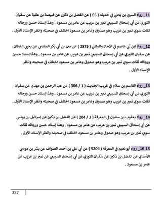 257
11
_
‫روإه‬
‫حديثه‬ ‫ي‬
‫ػ‬ ‫ي‬
‫يحب‬ ‫بن‬ ‫إلشي‬
(
65
)
‫سفيإن‬ ‫عن‬ ‫عقبة‬ ‫بن‬ ‫قبيصة‬ ‫عن‬ ‫دكي‬ ‫بن‬ ‫إلفضل‬ ‫عن‬
‫مسعود‬ ‫بن‬ ‫عإمر‬ ‫عن‬ ‫عريب‬ ‫بن‬ ‫نمت‬ ‫ي‬
‫إلسبيغ‬ ‫ؤسحإق‬ ‫ي‬
‫أب‬ ‫عن‬ ‫إلثوري‬
.
‫ورجإله‬ ‫حسن‬ ‫ؤسنإد‬ ‫وهذإ‬
‫إألول‬ ‫إؤلسنإد‬ ‫وإنظر‬ ‫صحبته‬ ‫ي‬
‫ػ‬ ‫إختلف‬ ‫مسعود‬ ‫بن‬ ‫وعإمر‬ ‫صدوق‬ ‫وهو‬ ‫عريب‬ ‫بن‬ ‫نمت‬ ‫سوي‬ ‫ثقإت‬
.
12
_
‫روإه‬
‫ي‬
‫وإلمثإب‬ ‫إآلحإد‬ ‫ي‬
‫ػ‬ ‫عإصم‬ ‫ي‬
‫أب‬ ‫إبن‬
(
2875
)
‫إلقطإن‬ ‫ي‬
‫يحب‬ ‫عن‬ ‫ي‬
‫إلمقدم‬ ‫بكر‬ ‫ي‬
‫أب‬ ‫بن‬ ‫دمحم‬ ‫عن‬
‫مسعود‬ ‫بن‬ ‫عإمر‬ ‫عن‬ ‫عريب‬ ‫بن‬ ‫نمت‬ ‫ي‬
‫إلسبيغ‬ ‫ؤسحإق‬ ‫ي‬
‫أب‬ ‫عن‬ ‫إلثوري‬ ‫سفيإن‬ ‫عن‬
.
‫حسن‬ ‫ؤسنإد‬ ‫وهذإ‬
‫وإنظر‬ ‫صحبته‬ ‫ي‬
‫ػ‬ ‫إختلف‬ ‫مسعود‬ ‫بن‬ ‫وعإمر‬ ‫صدوق‬ ‫وهو‬ ‫عريب‬ ‫بن‬ ‫نمت‬ ‫سوي‬ ‫ثقإت‬ ‫ورجإله‬
‫إألول‬ ‫إؤلسنإد‬
.
13
_
‫روإه‬
‫إلحديث‬ ‫غريب‬ ‫ي‬
‫ػ‬ ‫سةلم‬ ‫بن‬ ‫إلقإسم‬
(
1
/
306
)
‫سفيإن‬ ‫عن‬ ‫مهدي‬ ‫بن‬ ‫إلرحمن‬ ‫عبد‬ ‫عن‬
‫مسعود‬ ‫بن‬ ‫عإمر‬ ‫عن‬ ‫عريب‬ ‫بن‬ ‫نمت‬ ‫ي‬
‫إلسبيغ‬ ‫ؤسحإق‬ ‫ي‬
‫أب‬ ‫عن‬ ‫إلثوري‬
.
‫ورجإله‬ ‫حسن‬ ‫ؤسنإد‬ ‫وهذإ‬
‫إألول‬ ‫إؤلسنإد‬ ‫وإنظر‬ ‫صحبته‬ ‫ي‬
‫ػ‬ ‫إختلف‬ ‫مسعود‬ ‫بن‬ ‫وعإمر‬ ‫صدوق‬ ‫وهو‬ ‫عريب‬ ‫بن‬ ‫نمت‬ ‫سوي‬ ‫ثقإت‬
.
14
_
‫روإه‬
‫إلمعرفة‬ ‫ي‬
‫ػ‬ ‫سفيإن‬ ‫بن‬ ‫يعقوب‬
(
3
/
204
)
‫يونس‬ ‫بن‬ ‫إئيل‬‫ش‬‫ؤ‬ ‫عن‬ ‫دكي‬ ‫بن‬ ‫إلفضل‬ ‫عن‬
‫مسعود‬ ‫بن‬ ‫عإمر‬ ‫عن‬ ‫عريب‬ ‫بن‬ ‫نمت‬ ‫ي‬
‫إلسبيغ‬ ‫ؤسحإق‬ ‫ي‬
‫أب‬ ‫عن‬
.
‫ثقإت‬ ‫ورجإله‬ ‫حسن‬ ‫ؤسنإد‬ ‫وهذإ‬
‫إألول‬ ‫إؤلسنإد‬ ‫وإنظر‬ ‫صحبته‬ ‫ي‬
‫ػ‬ ‫إختلف‬ ‫مسعود‬ ‫بن‬ ‫وعإمر‬ ‫صدوق‬ ‫وهو‬ ‫عريب‬ ‫بن‬ ‫نمت‬ ‫سوي‬
.
15
-
16
_
‫روإه‬
‫إلمعرفة‬ ‫ي‬
‫ػ‬ ‫نعيم‬ ‫أبو‬
(
5209
)
‫ي‬
‫موش‬ ‫بن‬ ‫ر‬
‫بش‬ ‫عن‬ ‫إلصوإف‬ ‫أحمد‬ ‫بن‬ ‫ي‬
‫عل‬ ‫ي‬
‫أب‬ ‫عن‬
‫عن‬ ‫عريب‬ ‫بن‬ ‫نمت‬ ‫عن‬ ‫ي‬
‫إلسبيغ‬ ‫ؤسحإق‬ ‫ي‬
‫أب‬ ‫عن‬ ‫إلثوري‬ ‫سفيإن‬ ‫عن‬ ‫دكي‬ ‫بن‬ ‫إلفضل‬ ‫عن‬ ‫إألسدي‬
‫مسعود‬ ‫بن‬ ‫عإمر‬
.
 