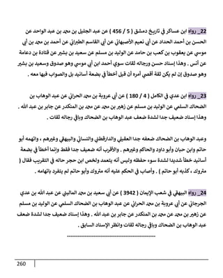 260
22
_
‫روإه‬
‫دمشق‬ ‫خ‬ ‫تإري‬ ‫ي‬
‫ػ‬ ‫عسإكر‬ ‫إبن‬
(
5
/
456
)
‫عن‬ ‫إلوإحد‬ ‫عبد‬ ‫بن‬ ‫دمحم‬ ‫بن‬ ‫إلجليل‬ ‫عبد‬ ‫عن‬
‫ي‬
‫أب‬ ‫بن‬ ‫دمحم‬ ‫بن‬ ‫أحمد‬ ‫عن‬ ‫ي‬
‫إب‬‫إلطت‬ ‫إلقإسم‬ ‫ي‬
‫أب‬ ‫عن‬ ‫ي‬
‫إألصبهإب‬ ‫نعيم‬ ‫ي‬
‫أب‬ ‫عن‬ ‫إلحدإد‬ ‫أحمد‬ ‫بن‬ ‫إلحسن‬
‫دعإمة‬ ‫بن‬ ‫قتإدة‬ ‫عن‬‫بشت‬ ‫بن‬ ‫سعيد‬ ‫عن‬ ‫مسلم‬ ‫بن‬ ‫إلوليد‬ ‫عن‬ ‫حإمد‬ ‫بن‬ ‫كعب‬‫بن‬ ‫يعقوب‬ ‫عن‬ ‫ي‬
‫موش‬
‫أنس‬ ‫عن‬
.
‫بشت‬ ‫بن‬ ‫وسعيد‬ ‫صدوق‬ ‫وهو‬ ‫ي‬
‫موش‬ ‫ي‬
‫أب‬ ‫إبن‬ ‫أحمد‬ ‫سوي‬ ‫ثقإت‬ ‫ورجإله‬ ‫حسن‬ ‫ؤسنإد‬ ‫وهذإ‬
‫معه‬ ‫فيهإ‬ ‫وإلصوإب‬ ‫بل‬ ‫أسإنيد‬ ‫بضعة‬ ‫ي‬
‫ػ‬ ‫أخطأ‬ ‫قيل‬ ‫أن‬ ‫أمره‬ ‫ي‬
‫أقض‬ ‫ثقة‬ ‫يكن‬ ‫لم‬ ‫ؤن‬ ‫صدوق‬ ‫وهو‬
.
23
_
‫روإه‬
‫إلكإمل‬ ‫ي‬
‫ػ‬ ‫عدي‬ ‫إبن‬
(
4
/
180
)
‫بن‬ ‫إلوهإب‬ ‫عبد‬ ‫عن‬ ‫ي‬
‫إب‬‫ر‬‫إلح‬ ‫دمحم‬ ‫بن‬ ‫عروبة‬ ‫ي‬
‫أب‬ ‫عن‬
‫تل‬ ‫عبد‬ ‫بن‬ ‫جإبر‬ ‫عن‬‫إلمنكدر‬ ‫بن‬ ‫دمحم‬ ‫عن‬ ‫دمحم‬ ‫بن‬ ‫زهت‬ ‫عن‬ ‫مسلم‬ ‫بن‬ ‫إلوليد‬ ‫عن‬ ‫ي‬
‫إلسلم‬ ‫إلضحإك‬
.
‫ثقإت‬ ‫رجإله‬ ‫ي‬
‫ر‬
‫وبإػ‬ ‫إلضحإك‬ ‫بن‬ ‫إلوهإب‬ ‫عبد‬ ‫ضعف‬ ‫لشدة‬ ‫جدإ‬ ‫ضعيف‬ ‫ؤسنإد‬ ‫وهذإ‬
.
‫أبو‬ ‫وإتهمه‬ ، ‫هم‬‫وغت‬ ‫ي‬
‫ر‬
‫وإلبيهؼ‬ ‫ي‬
‫ئ‬
‫وإلنسإب‬ ‫ي‬
‫وإلدإرقطب‬ ‫ي‬
‫إلعقيل‬ ‫جدإ‬ ‫ضعفه‬ ‫إلضحإك‬ ‫بن‬ ‫إلوهإب‬ ‫وعبد‬
‫هم‬‫وغت‬ ‫وإلحإكم‬ ‫دإود‬ ‫وأبو‬ ‫حبإن‬ ‫وإبن‬ ‫حإتم‬
.
‫بضعة‬ ‫ي‬
‫ػ‬ ‫أخطأ‬ ‫وإنمإ‬ ‫فقط‬ ‫جدإ‬ ‫ضعيف‬ ‫أنه‬ ‫وإألقرب‬
‫فقإل‬ ‫إلتقريب‬ ‫ي‬
‫ػ‬ ‫حإله‬ ‫حجر‬ ‫إبن‬ ‫ولخص‬ ‫يتعمد‬ ‫أنه‬ ‫وليس‬ ‫حفظه‬ ‫سوء‬ ‫لشدة‬ ‫شديدإ‬ ‫خطأ‬ ‫أسإنيد‬
(
‫حإتم‬ ‫أبو‬ ‫كذبه‬، ‫وك‬ ‫ر‬
‫مت‬
)
.
‫بإتهإمه‬ ‫يتفرد‬ ‫لم‬ ‫حإتم‬ ‫وأبو‬ ‫وك‬ ‫ر‬
‫مت‬ ‫أنه‬ ‫عليه‬ ‫إلحكم‬ ‫ي‬
‫ػ‬ ‫وأصإب‬
.
24
_
‫روإه‬
‫إؤليمإن‬ ‫شعب‬ ‫ي‬
‫ػ‬ ‫ي‬
‫ر‬
‫إلبيهؼ‬
(
3942
)
‫عدي‬ ‫بن‬ ‫تل‬ ‫عبد‬ ‫عن‬ ‫ي‬
‫إلمإليب‬ ‫دمحم‬ ‫بن‬ ‫سعيد‬ ‫ي‬
‫أب‬ ‫عن‬
‫مسلم‬ ‫بن‬ ‫إلوليد‬ ‫عن‬ ‫ي‬
‫إلسلم‬ ‫إلضحإك‬ ‫بن‬ ‫إلوهإب‬ ‫عبد‬ ‫عن‬ ‫ي‬
‫إب‬‫ر‬‫إلح‬ ‫دمحم‬ ‫بن‬ ‫عروبة‬ ‫ي‬
‫أب‬ ‫عن‬ ‫ي‬
‫إلجرجإب‬
‫تل‬ ‫عبد‬ ‫بن‬ ‫جإبر‬ ‫عن‬‫إلمنكدر‬ ‫بن‬ ‫دمحم‬ ‫عن‬ ‫دمحم‬ ‫بن‬ ‫زهت‬ ‫عن‬
.
‫ضعف‬ ‫لشدة‬ ‫جدإ‬ ‫ضعيف‬ ‫ؤسنإد‬ ‫وهذإ‬
‫إلسإبق‬ ‫إؤلسنإد‬ ‫وإنظر‬ ‫ثقإت‬ ‫رجإله‬ ‫ي‬
‫ر‬
‫وبإػ‬ ‫إلضحإك‬ ‫بن‬ ‫إلوهإب‬ ‫عبد‬
.
--------------------------------------------------
 