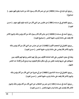 58
_
‫ي‬
‫ػ‬ ‫دإود‬ ‫أبو‬ ‫وروي‬
‫سننه‬
(
4031
)
‫منهم‬ ‫فهو‬ ‫بقوم‬ ‫تشبه‬ ‫من‬ ‫تل‬ ‫رسول‬ ‫قإل‬ ‫قإل‬ ‫عمر‬ ‫إبن‬ ‫عن‬
( .
‫صحيح‬
)
_
‫ي‬
‫ػ‬ ‫ي‬
‫إلقضإع‬ ‫وروي‬
‫مسنده‬
(
390
)
‫منهم‬ ‫فهو‬ ‫بقوم‬ ‫تشبه‬ ‫من‬ ‫قإل‬ ‫ي‬
‫إلنب‬ ‫عن‬ ‫طإوس‬ ‫عن‬
( .
‫حسن‬
‫ه‬‫لغت‬
)
_
‫ي‬
‫ػ‬ ‫أحمد‬ ‫وروي‬
‫مسنده‬
(
14241
)
‫إآلخر‬ ‫وإليوم‬ ‫بإثل‬ ‫يؤمن‬ ‫كإن‬‫من‬ ‫تل‬ ‫رسول‬ ‫قإل‬ ‫قإل‬ ‫جإبر‬ ‫عن‬
‫إلخمر‬ ‫عليهإ‬ ‫ب‬َ ‫ر‬
‫ش‬
ُ
‫ي‬ ‫مإئدة‬ ‫عل‬ ‫يقعد‬ ‫فةل‬
.
(
‫ه‬‫لغت‬ ‫صحيح‬
)
_
‫ي‬
‫ػ‬ ‫ي‬
‫إب‬‫إلطت‬ ‫وروي‬
‫إلكبت‬ ‫إلمعجم‬
(
11462
)
‫بإثل‬ ‫يؤمن‬ ‫كإن‬‫من‬ ‫قإل‬ ‫ي‬
‫إلنب‬ ‫عن‬ ‫عبإس‬ ‫إبن‬ ‫عن‬
‫إلخمر‬ ‫عليهإ‬ ‫ب‬ ‫ر‬
‫يش‬ ‫مإئدة‬ ‫عل‬ ‫يجلس‬ ‫فةل‬ ‫إآلخر‬ ‫وإليوم‬
.
(
‫ه‬‫لغت‬ ‫حسن‬
)
‫بمن‬ ‫فكيف‬ ‫لهم‬ ‫وبإعهإ‬‫إلخمر‬ ‫لهم‬ ‫ر‬
ّ
‫وف‬ ‫بمن‬ ‫فكيف‬ ‫إلمإئدة‬ ‫تلك‬ ‫ي‬
‫عل‬ ‫إلجلوس‬ ‫مجرد‬ ‫ي‬
‫ػ‬ ‫وهذإ‬
‫إلخمر‬ ‫حد‬ ‫ؤقإمة‬
ً
‫إ‬‫ش‬
َ
‫ق‬ ‫ومنع‬ ‫بيده‬ ‫ه‬‫فليغت‬ ‫إ‬‫ر‬‫منك‬ ‫منكم‬ ‫أي‬‫ر‬ ‫من‬ ‫نقض‬ ‫وتعمد‬ ‫هإ‬‫ب‬ ‫ر‬
‫ش‬ ‫ي‬
‫عل‬ ‫حمهإهم‬
‫عليهم‬
.
_
‫ي‬
‫ػ‬ ‫ي‬
‫إب‬‫إلطت‬ ‫وروي‬
‫إلشإميي‬ ‫مسند‬
(
3469
)
‫قإل‬ ‫ي‬
‫إلنب‬ ‫عن‬ ‫هريرة‬ ‫ي‬
‫أب‬ ‫عن‬
‫بإثل‬ ‫يؤمن‬ ‫كإن‬‫من‬
‫إلخمر‬ ‫عليهإ‬ ‫ب‬ ‫ر‬
‫يش‬ ‫مإئدة‬ ‫عل‬ ‫يقعد‬ ‫فةل‬ ‫إآلخر‬ ‫وإليوم‬
.
(
‫ه‬‫لغت‬ ‫حسن‬
)
_
‫ي‬
‫ػ‬ ‫أحمد‬ ‫وروي‬
‫مسنده‬
(
126
)
‫عمر‬ ‫عن‬
‫إلخطإب‬ ‫بن‬
‫قإل‬ ‫ي‬
‫إلنب‬ ‫عن‬
‫وإليوم‬ ‫بإثل‬ ‫يؤمن‬ ‫كإن‬‫من‬
‫بإلخمر‬ ‫عليهإ‬‫يدإر‬ ‫مإئدة‬ ‫عل‬ ‫يقعدن‬ ‫فةل‬ ‫إآلخر‬
.
(
‫ه‬‫لغت‬ ‫حسن‬
)
 