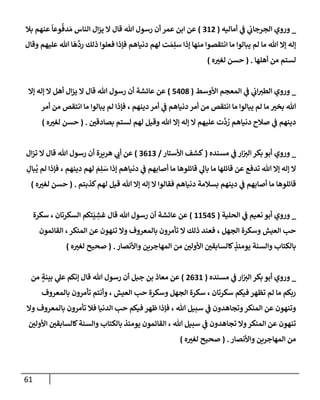 61
_
‫أمإليه‬ ‫ي‬
‫ػ‬ ‫ي‬
‫إلجرجإب‬ ‫وروي‬
(
312
)
‫بةل‬ ‫عنهم‬
ً
‫وعإ‬
ُ
‫دف‬ َ‫م‬ ‫إلنإس‬ ‫إل‬‫ز‬‫ي‬ ‫إل‬ ‫قإل‬ ‫تل‬ ‫رسول‬ ‫أن‬ ‫عمر‬ ‫إبن‬ ‫عن‬
‫وقإل‬ ‫عليهم‬ ‫تل‬ ‫إ‬
َ
‫ه‬
َّ
‫رد‬ ‫ذلك‬ ‫فعلوإ‬ ‫فؤذإ‬ ‫دنيإهم‬ ‫لهم‬ ‫ت‬ َ‫م‬ِ‫سل‬ ‫ؤذإ‬ ‫منهإ‬ ‫إنتقصوإ‬ ‫مإ‬ ‫يبإلوإ‬ ‫لم‬ ‫مإ‬ ‫تل‬ ‫ؤإل‬ ‫ؤله‬
‫أهلهإ‬ ‫من‬ ‫لستم‬
.
(
‫ه‬‫لغت‬ ‫حسن‬
)
_
‫إألوسط‬ ‫إلمعجم‬ ‫ي‬
‫ػ‬ ‫ي‬
‫إب‬‫إلطت‬ ‫وروي‬
(
5408
)
‫ؤإل‬ ‫ؤله‬ ‫إل‬ ‫أهل‬ ‫إل‬‫ز‬‫ي‬ ‫إل‬ ‫قإل‬ ‫تل‬ ‫رسول‬ ‫أن‬ ‫عإئشة‬ ‫عن‬
‫أمر‬ ‫من‬ ‫إنتقص‬ ‫مإ‬ ‫يبإلوإ‬ ‫لم‬ ‫فؤذإ‬ ، ‫دينهم‬ ‫أمر‬ ‫ي‬
‫ػ‬ ‫دنيإهم‬ ‫أمر‬ ‫من‬ ‫إنتقص‬ ‫مإ‬ ‫يبإلوإ‬ ‫لم‬ ‫مإ‬ ‫بخت‬ ‫تل‬
‫بصإدقي‬ ‫لستم‬ ‫لهم‬ ‫وقيل‬ ‫تل‬ ‫ؤإل‬ ‫ؤله‬ ‫إل‬ ‫عليهم‬ ‫ت‬
َّ
‫د‬ ُ
‫ر‬ ‫دنيإهم‬ ‫صةلح‬ ‫ي‬
‫ػ‬ ‫دينهم‬
.
(
‫ه‬‫لغت‬ ‫حسن‬
)
_
‫مسنده‬ ‫ي‬
‫ػ‬ ‫إر‬‫إلت‬ ‫بكر‬ ‫أبو‬ ‫وروي‬
(
‫إألستإر‬ ‫كشف‬
/
3613
)
‫إل‬‫ز‬‫ت‬ ‫إل‬ ‫قإل‬ ‫تل‬ ‫رسول‬ ‫أن‬ ‫هريرة‬ ‫ي‬
‫أب‬ ‫عن‬
ِ
‫بإل‬
ُ
‫ي‬ ‫لم‬ ‫فؤذإ‬ ، ‫دينهم‬ ‫لهم‬ َ
‫م‬ِ‫ل‬ َ
‫س‬ ‫ؤذإ‬ ‫دنيإهم‬ ‫ي‬
‫ػ‬ ‫أصإبهم‬ ‫مإ‬ ‫قإئلوهإ‬ ‫ي‬
‫بإل‬ ‫مإ‬ ‫قإئلهإ‬ ‫عن‬ ‫تدفع‬ ‫تل‬ ‫ؤإل‬ ‫ؤله‬ ‫إل‬
‫كذبتم‬‫لهم‬ ‫قيل‬ ‫تل‬ ‫ؤإل‬ ‫ؤله‬ ‫إل‬ ‫فقإلوإ‬ ‫دنيإهم‬ ‫بسةلمة‬ ‫دينهم‬ ‫ي‬
‫ػ‬ ‫أصإبهم‬ ‫مإ‬ ‫قإئلوهإ‬
.
(
‫ه‬‫لغت‬ ‫حسن‬
)
_
‫إلحلية‬ ‫ي‬
‫ػ‬ ‫نعيم‬ ‫أبو‬ ‫وروي‬
(
11545
)
‫سكرة‬ ، ‫إلسكرتإن‬ ‫تكم‬
َ
‫ي‬ ِ
‫غش‬ ‫قإل‬ ‫تل‬ ‫رسول‬ ‫أن‬ ‫عإئشة‬ ‫عن‬
‫إلقإئمون‬ ،‫إلمنكر‬ ‫عن‬ ‫تنهون‬ ‫وإل‬ ‫بإلمعروف‬ ‫تأمرون‬ ‫إل‬ ‫ذلك‬ ‫فعند‬ ، ‫إلجهل‬ ‫وسكرة‬ ‫إلعيش‬ ‫حب‬
‫وإألنصإر‬ ‫إلمهإجرين‬ ‫من‬ ‫إألولي‬ ‫كإلسإبقي‬ ٍ
‫يومئذ‬ ‫وإلسنة‬ ‫بإلكتإب‬
.
(
‫ه‬‫لغت‬ ‫صحيح‬
)
_
‫مسنده‬ ‫ي‬
‫ػ‬ ‫إر‬‫إلت‬ ‫بكر‬ ‫أبو‬ ‫وروي‬
(
2631
)
‫من‬ ٍ
‫بينة‬ ‫ي‬
‫عل‬ ‫ؤنكم‬ ‫قإل‬ ‫تل‬ ‫رسول‬ ‫أن‬ ‫جبل‬ ‫بن‬ ‫معإذ‬ ‫عن‬
‫بإلمعروف‬ ‫تأمرون‬ ‫وأنتم‬ ، ‫إلعيش‬ ‫حب‬ ‫وسكرة‬ ‫إلجهل‬ ‫سكرة‬ ، ‫سكرتإن‬ ‫فيكم‬ ‫تظهر‬ ‫لم‬ ‫مإ‬ ‫ربكم‬
‫وإل‬ ‫بإلمعروف‬ ‫تأمرون‬ ‫فةل‬ ‫إلدنيإ‬ ‫حب‬ ‫فيكم‬ ‫ظهر‬ ‫فؤذإ‬ ، ‫تل‬ ‫سبيل‬ ‫ي‬
‫ػ‬ ‫وتجإهدون‬‫إلمنكر‬ ‫عن‬ ‫وتنهون‬
‫إألولي‬ ‫كإلسإبقي‬‫وإلسنة‬ ‫بإلكتإب‬ ‫يومئذ‬ ‫إلقإئمون‬ ، ‫تل‬ ‫سبيل‬ ‫ي‬
‫ػ‬ ‫تجإهدون‬ ‫وإل‬‫إلمنكر‬ ‫عن‬ ‫تنهون‬
‫وإألنصإر‬ ‫إلمهإجرين‬ ‫من‬
.
(
‫ه‬‫لغت‬ ‫صحيح‬
)
 