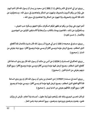 62
_
‫ي‬
‫وإلنه‬‫إألمر‬ ‫ي‬
‫ػ‬ ‫إلدنيإ‬ ‫ي‬
‫أب‬ ‫إبن‬ ‫وروي‬
(
1
/
202
)
‫إليوم‬ ‫أنتم‬ ‫قإل‬ ‫تل‬ ‫رسول‬ ‫أن‬ ‫يسإر‬ ‫بن‬ ‫سعيد‬ ‫عن‬
‫عن‬ ‫لون‬ َّ
‫وستحو‬ ، ‫تل‬ ‫سبيل‬ ‫ي‬
‫ػ‬ ‫وتجإهدون‬‫إلمنكر‬ ‫عن‬ ‫وتنهون‬ ‫بإلمعروف‬ ‫تأمرون‬ ‫ربكم‬ ‫من‬ ٍ
‫نة‬
ِّ
‫بي‬ ‫ي‬
‫عل‬
، ‫تل‬ ‫سبيل‬ ‫ي‬
‫ػ‬ ‫تجإهدون‬ ‫وإل‬‫إلمنكر‬ ‫عن‬ ‫تنهون‬ ‫وإل‬ ‫بإلمعروف‬ ‫تأمرون‬ ‫فةل‬ ‫ذلك‬
، ‫إلعيش‬ ‫حب‬ ‫وسكرة‬ ‫إلجهل‬ ‫سكرة‬ ‫إلسكرتإن‬ ‫فيكم‬ ‫تظهر‬ ‫لم‬ ‫ربكم‬ ‫من‬ ٍ
‫بينة‬ ‫ي‬
‫عل‬ ‫إليوم‬ ‫أنتم‬
‫إلمهإجرين‬ ‫من‬ ‫إألولي‬ ‫كإلسإبقي‬
ً
‫وعةلنية‬
ً
‫إ‬ّ ِ
‫ش‬ ‫بإلكتإب‬ ‫يومئذ‬ ‫إلقإئمون‬ ، ‫ذلك‬ ‫عن‬ ‫ون‬
ُ
‫ل‬ َّ
‫و‬
َ
‫ح‬
ُ
‫وست‬
‫وإألنصإر‬
.
(
‫ه‬‫لغت‬ ‫حسن‬
)
_
‫صحيحه‬ ‫ي‬
‫ػ‬ ‫مسلم‬ ‫وروي‬
(
120
)
‫كقطع‬
ً
‫تنإ‬ ِ‫ف‬ ‫بإألعمإل‬ ‫بإدروإ‬ ‫قإل‬ ‫تل‬ ‫رسول‬ ‫أن‬ ‫هريرة‬ ‫ي‬
‫أب‬ ‫عن‬
‫من‬ ٍ
‫ض‬َ
‫ر‬ َ‫بع‬ ‫دينه‬ ‫يبيع‬ ، ‫إ‬‫ر‬‫كإف‬‫ويصبح‬ ‫مؤمنإ‬ ‫ي‬
‫يمش‬ ‫أو‬ ‫إ‬‫ر‬‫كإف‬ ‫ي‬
‫ويمش‬ ‫مؤمنإ‬ ‫إلرجل‬ ‫يصبح‬ ، ‫إلمظلم‬ ‫إلليل‬
‫إلدنيإ‬
.
(
‫صحيح‬
)
_
‫إلمستدرك‬ ‫ي‬
‫ػ‬ ‫إلحإكم‬ ‫وروي‬
(
6234
)
‫ر‬
‫في‬ ‫إلسإعة‬ ‫يدي‬ ‫بي‬ ‫قإل‬ ‫تل‬ ‫رسول‬ ‫أن‬ ‫مإلك‬ ‫بن‬ ‫أنس‬ ‫عن‬
ٌ
‫إم‬ َ
‫أقو‬ ‫يبيع‬ ، ‫إ‬‫ر‬‫كإف‬‫ويصبح‬ ‫مؤمنإ‬ ‫ي‬
‫ويمش‬ ‫إ‬‫ر‬‫كإف‬ ‫ي‬
‫ويمش‬ ‫مؤمنإ‬ ‫فيهإ‬ ‫إلرجل‬ ‫يصبح‬ ، ‫إلمظلم‬ ‫إلليل‬ ‫كقطع‬
‫قليل‬ ‫إلدنيإ‬ ‫من‬ ٍ
‫ض‬َ
‫ر‬ َ‫بع‬ ‫دينهم‬
.
(
‫صحيح‬
)
_
‫مسنده‬ ‫ي‬
‫ػ‬ ‫أحمد‬ ‫وروي‬
(
17937
)
‫إلسإعة‬ ‫يدي‬ ‫بي‬ ‫ؤن‬ ‫قإل‬ ‫تل‬ ‫رسول‬ ‫أن‬ ‫بشت‬ ‫بن‬ ‫إلنعمإن‬ ‫عن‬
‫يصبح‬ ‫ثم‬ ‫مؤمنإ‬ ‫ي‬
‫ويمش‬ ، ‫إ‬‫ر‬‫كإف‬ ‫ي‬
‫يمش‬ ‫ثم‬ ‫مؤمنإ‬ ‫فيهإ‬ ‫إلرجل‬ ‫يصبح‬ ، ‫إلمظلم‬ ‫إلليل‬ ‫قطع‬ ‫كأنهإ‬
ً
‫نإ‬
َ
‫فت‬
‫ت‬ ِ
‫س‬
َ
‫ي‬ ‫إلدنيإ‬ ‫من‬ ٍ
‫ض‬َ
‫ر‬ َ‫بع‬ ‫قهم‬
َ
‫َل‬
َ
‫خ‬ ‫أقوإم‬ ‫يبيع‬ ، ‫إ‬‫ر‬‫كإف‬
.
(
‫صحيح‬
)
‫إن‬
َّ
‫ب‬ ِ
‫وذ‬ ٍ
‫نإر‬ ‫إش‬‫ر‬
َ
‫ف‬ ، ‫أحةلم‬ ‫وإل‬ ‫أجسإمإ‬ ، ‫عقول‬ ‫وإل‬
ً
‫إ‬‫ر‬ َ
‫و‬ ُ
‫ص‬ ‫أينإهم‬‫ر‬ ‫لقد‬ ‫وتل‬ ‫إلبرصي‬ ‫إلحسن‬ ‫قإل‬ ‫ثم‬
‫إلعت‬ ‫بثمن‬ ‫دينه‬ ‫أحدهم‬ ‫يبيع‬ ، ‫بدرهمي‬ ‫ويروحون‬ ‫بدرهمي‬ ‫يغدون‬ ، ‫طمع‬
.
 