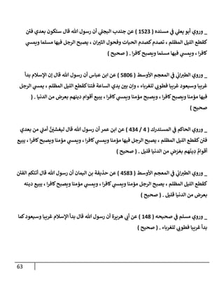 63
_
‫مسنده‬ ‫ي‬
‫ػ‬ ‫ي‬
‫يعل‬ ‫أبو‬ ‫وروي‬
(
1523
)
‫ر‬
‫في‬ ‫بعدي‬ ‫ستكون‬ ‫قإل‬ ‫تل‬ ‫رسول‬ ‫أن‬ ‫ي‬
‫إلبجل‬ ‫جندب‬ ‫عن‬
‫ي‬
‫ويمش‬ ‫مسلمإ‬ ‫فيهإ‬ ‫إلرجل‬ ‫يصبح‬ ، ‫إن‬‫إلثت‬ ‫وفحول‬ ‫إلحيإت‬ ‫كصدم‬‫تصدم‬ ، ‫إلمظلم‬ ‫إلليل‬ ‫كقطع‬
‫إ‬‫ر‬‫كإف‬‫ويصبح‬ ‫مسلمإ‬ ‫فيهإ‬ ‫ي‬
‫ويمش‬ ، ‫إ‬‫ر‬‫كإف‬
.
(
‫صحيح‬
)
_
‫إألوسط‬ ‫إلمعجم‬ ‫ي‬
‫ػ‬ ‫ي‬
‫إب‬‫إلطت‬ ‫وروي‬
(
5806
)
‫بدأ‬ ‫إؤلسةلم‬ ‫ؤن‬ ‫قإل‬ ‫تل‬ ‫رسول‬ ‫أن‬ ‫عبإس‬ ‫إبن‬ ‫عن‬
‫إلرجل‬ ‫ي‬
‫يمش‬ ، ‫إلمظلم‬ ‫إلليل‬ ‫كقطع‬‫فتنإ‬ ‫إلسإعة‬ ‫يدي‬ ‫بي‬ ‫وإن‬ ، ‫للغربإء‬ ‫ي‬
‫فطوب‬ ‫غريبإ‬ ‫وسيعود‬ ‫غريبإ‬
‫إلدنيإ‬ ‫من‬ ‫بعرض‬ ‫دينهم‬ ‫أقوإم‬ ‫يبيع‬ ، ‫إ‬‫ر‬‫كإف‬ ‫ي‬
‫ويمش‬ ‫مؤمنإ‬ ‫ويصبح‬ ، ‫إ‬‫ر‬‫كإف‬‫ويصبح‬ ‫مؤمنإ‬ ‫فيهإ‬
.
(
‫صحيح‬
)
_
‫إلمستدرك‬ ‫ي‬
‫ػ‬ ‫إلحإكم‬ ‫وروي‬
(
4
/
434
)
‫بعدي‬ ‫من‬ ‫ي‬
‫ر‬
‫أمب‬ َّ َ
‫ليغشي‬ ‫قإل‬ ‫تل‬ ‫رسول‬ ‫أن‬ ‫عمر‬ ‫إبن‬ ‫عن‬
‫يبيع‬ ، ‫إ‬‫ر‬‫كإف‬‫ويصبح‬ ‫مؤمنإ‬ ‫ي‬
‫ويمش‬ ، ‫إ‬‫ر‬‫كإف‬ ‫ي‬
‫ويمش‬ ‫مؤمنإ‬ ‫فيهإ‬ ‫إلرجل‬ ‫يصبح‬ ، ‫إلمظلم‬ ‫إلليل‬ ‫كقطع‬ ‫ر‬
‫في‬
‫قليل‬ ‫إلدنيإ‬ ‫من‬ ٍ
‫ض‬َ
‫ر‬ َ‫بع‬ ‫هم‬
َ
‫ين‬ ِ
‫د‬ ٌ
‫أقوإم‬
.
(
‫صحيح‬
)
_
‫إألوسط‬ ‫إلمعجم‬ ‫ي‬
‫ػ‬ ‫ي‬
‫إب‬‫إلطت‬ ‫وروي‬
(
4583
)
‫ر‬
‫إلفي‬ ‫أتتكم‬ ‫قإل‬ ‫تل‬ ‫رسول‬ ‫أن‬ ‫إليمإن‬ ‫بن‬ ‫حذيفة‬ ‫عن‬
‫دينه‬ ‫يبيع‬ ، ‫إ‬‫ر‬‫كإف‬‫ويصبح‬ ‫مؤمنإ‬ ‫ي‬
‫ويمش‬ ، ‫إ‬‫ر‬‫كإف‬ ‫ي‬
‫ويمش‬ ‫مؤمنإ‬ ‫إلرجل‬ ‫يصبح‬ ، ‫إلمظلم‬ ‫إلليل‬ ‫كقطع‬
‫قليل‬ ‫إلدنيإ‬ ‫من‬ ‫بعرض‬
.
(
‫صحيح‬
)
_
‫صحيحه‬ ‫ي‬
‫ػ‬ ‫مسلم‬ ‫وروي‬
(
148
)
‫كمإ‬‫وسيعود‬ ‫غريبإ‬ ‫إؤلسةلم‬ ‫بدأ‬ ‫قإل‬ ‫تل‬ ‫رسول‬ ‫أن‬ ‫هريرة‬ ‫ي‬
‫أب‬ ‫عن‬
‫للغربإء‬ ‫ي‬
‫فطوب‬ ‫غريبإ‬ ‫بدأ‬
.
(
‫صحيح‬
)
 