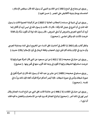 65
_
‫إلبدع‬ ‫ي‬
‫ػ‬ ‫وضإح‬ ‫إبن‬ ‫وروي‬
(
192
)
، ‫إؤلسةلم‬ ‫سينقص‬ ‫قإل‬ ‫تل‬ ‫رسول‬ ‫أن‬ ‫ي‬
‫إلتيم‬ ‫إلقإسم‬ ‫عن‬
‫إلجمر‬ ‫ي‬
‫عل‬ ‫كإلقإبض‬‫ه‬ِ‫ين‬ ِ
‫بد‬ ٍ
‫يومئذ‬ ‫إلمتمسك‬
.
(
‫ه‬‫لغت‬ ‫حسن‬
)
_
‫وروي‬
‫شيبة‬ ‫ي‬
‫أب‬ ‫إبن‬
‫ي‬
‫ػ‬
‫مسنده‬
(
‫إلعإلية‬ ‫إلمطإلب‬
/
2027
)
‫رسول‬ ‫يإ‬ ‫قإلت‬ ‫إلعدوية‬ ‫كبشة‬‫أم‬ ‫عن‬
‫وكذإ‬ ‫كذإ‬‫جيش‬ ‫ي‬
‫ػ‬ ‫أخرج‬ ‫أن‬ ‫ي‬
‫ل‬ ‫إئذن‬ ‫تل‬
‫إل‬ ‫قإل‬ ،
‫ؤنمإ‬ ‫أقإتل‬ ‫أن‬ ‫أريد‬ ‫ليس‬ ‫ي‬
‫ؤب‬ ‫تل‬ ‫رسول‬ ‫يإ‬ ‫قإلت‬ ،
‫إلمريض‬ ‫ي‬
‫ر‬
‫أسؼ‬ ‫أو‬ ‫وإلمريض‬ ‫إلجرخ‬ ‫أدإوي‬ ‫أن‬ ‫أريد‬
‫فةلنة‬ ‫وأن‬ ‫ة‬
َّ
‫ن‬ ُ
‫س‬ ‫تكون‬ ‫أن‬ ‫لوإل‬ ‫تل‬ ‫رسول‬ ‫قإل‬ ،
‫خرجت‬
‫ي‬
‫إجلش‬ ‫ولكن‬ ِ
‫لك‬ ‫ألذنت‬
.
(
‫صحيح‬
)
‫كتإب‬‫وإنظر‬
‫رقم‬
(
343
( )
‫ي‬
‫إلجرخ‬ ‫ومدإوإة‬ ‫إلمإء‬ ‫ي‬
‫ر‬
‫لسؼ‬ ‫إلخروج‬ ‫عن‬ ‫إلنسإء‬ ‫ي‬
‫نه‬ ‫أحإديث‬ ‫ي‬
‫ػ‬ ‫إلكإمل‬
‫إؤلسةلم‬ ‫أول‬ ‫ي‬
‫ػ‬ ‫إلرجإل‬ ‫ولقلة‬ ‫إلحجإب‬ ‫نزول‬ ‫قبل‬ ‫كإن‬‫بذلك‬ ‫إؤلذن‬ ‫ي‬
‫ػ‬ ‫ورد‬ ‫مإ‬ ‫وأن‬
/
170
‫حديث‬
)
_
‫وروي‬
‫حبإن‬ ‫إبن‬
‫ي‬
‫ػ‬
‫صحيحه‬
(
12
/
412
)
‫ؤذإ‬ ‫وإنهإ‬ ‫عورة‬ ‫أة‬‫ر‬‫إلم‬ ‫قإل‬ ‫ي‬
‫إلنب‬ ‫عن‬ ‫مسعود‬ ‫إبن‬ ‫عن‬
‫بيتهإ‬ ِ
‫عر‬
َ
‫ق‬ ‫ي‬
‫ػ‬ ‫منهإ‬ ‫أقرب‬ ‫تل‬ ‫وجه‬ ‫ؤل‬ ‫تكون‬ ‫إل‬ ‫وإنهإ‬ ‫إلشيطإن‬ ‫فهإ‬ ‫ر‬
‫إستش‬ ‫خرجت‬
.
(
‫صحيح‬
)
_
‫صحيحه‬ ‫ي‬
‫ػ‬ ‫مسلم‬ ‫وروي‬
(
1405
)
‫ي‬
‫ػ‬ ‫ل‬ِ‫قب‬
ُ
‫ت‬ ‫أة‬‫ر‬‫إلم‬ ‫ؤن‬ ‫قإل‬ ‫تل‬ ‫رسول‬ ‫أن‬ ‫تل‬ ‫عبد‬ ‫بن‬ ‫جإبر‬ ‫عن‬
‫ي‬
‫ػ‬ ‫مإ‬
ُّ
‫يرد‬ ‫ذلك‬ ‫فؤن‬ ‫أهله‬ ‫فليأت‬ ‫أة‬‫ر‬‫إم‬ ‫أحدكم‬ ‫أبرص‬ ‫فؤذإ‬ ، ‫شيطإن‬ ‫صورة‬ ‫ي‬
‫ػ‬ ‫ر‬ِ‫دب‬
ُ
‫وت‬ ‫شيطإن‬ ‫صورة‬
‫نفسه‬
.
(
‫صحيح‬
)
_
‫وروي‬
‫إلثقإت‬ ‫ي‬
‫ػ‬ ‫حبإن‬ ‫إبن‬
(
3
/
446
)
‫وقإل‬‫إلجنإئز‬ ‫إلنسإء‬ ‫إتبإع‬ ‫عن‬ ‫ي‬
‫إلنب‬ ‫ي‬
‫نه‬ ‫قإلت‬ ‫عإئشة‬ ‫عن‬
‫أجر‬ ‫ذلك‬ ‫ي‬
‫ػ‬ ‫لهن‬ ‫ليس‬
.
(
‫صحيح‬
)
‫فلك‬ ‫فيه‬ ‫مإ‬ ‫وإلفضل‬ ‫إإلستحبإب‬ ‫من‬ ‫فيه‬ ‫ورد‬ ‫قد‬ ‫إلجنإئز‬ ‫وإتبإع‬
‫تري‬ ‫أن‬
. !
 