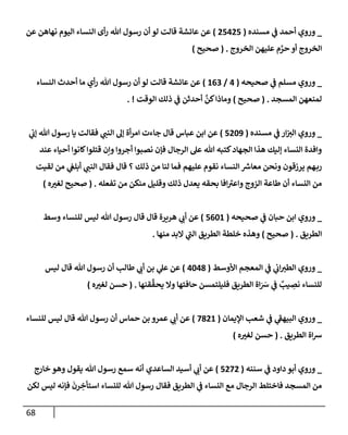 68
_
‫ي‬
‫ػ‬ ‫أحمد‬ ‫وروي‬
‫مسنده‬
(
25425
)
‫عن‬ ‫نهإهن‬ ‫إليوم‬ ‫إلنسإء‬ ‫أى‬‫ر‬ ‫تل‬ ‫رسول‬ ‫أن‬ ‫لو‬ ‫قإلت‬ ‫عإئشة‬ ‫عن‬
‫إلخروج‬ ‫عليهن‬ ‫م‬ َّ
‫حر‬ ‫أو‬ ‫إلخروج‬
.
(
‫صحيح‬
)
_
‫صحيحه‬ ‫ي‬
‫ػ‬ ‫مسلم‬ ‫وروي‬
(
4
/
163
)
‫إلنسإء‬ ‫أحدث‬ ‫مإ‬ ‫أي‬‫ر‬ ‫تل‬ ‫رسول‬ ‫أن‬ ‫لو‬ ‫قإلت‬ ‫عإئشة‬ ‫عن‬
‫إلمسجد‬ ‫لمنعهن‬
.
(
‫صحيح‬
)
‫إلوقت‬ ‫ذلك‬ ‫ي‬
‫ػ‬ ‫أحدثن‬
َّ
‫كن‬‫ومإذإ‬
. !
_
‫وروي‬
‫إر‬‫إلت‬
‫ي‬
‫ػ‬
‫مسنده‬
(
5209
)
‫عن‬
‫إبن‬
‫ي‬
‫ؤب‬ ‫تل‬ ‫رسول‬ ‫يإ‬ ‫فقإلت‬ ‫ي‬
‫إلنب‬ ‫ؤل‬ ‫أة‬‫ر‬‫إم‬ ‫جإءت‬ ‫قإل‬ ‫عبإس‬
‫عند‬ ‫أحيإء‬ ‫كإنوإ‬‫قتلوإ‬ ‫وإن‬ ‫أجروإ‬ ‫نصبوإ‬ ‫فؤن‬ ‫إلرجإل‬ ‫عل‬ ‫تل‬ ‫كتبه‬‫إلجهإد‬ ‫هذإ‬ ‫ؤليك‬ ‫إلنسإء‬ ‫وإفدة‬
‫لقيت‬ ‫من‬ ‫ي‬
‫أبلغ‬ ‫ي‬
‫إلنب‬ ‫فقإل‬ ‫قإل‬ ‫؟‬ ‫ذلك‬ ‫من‬ ‫لنإ‬ ‫فمإ‬ ‫عليهم‬ ‫نقوم‬ ‫إلنسإء‬ ‫ر‬
‫معإش‬ ‫ونحن‬ ‫يرزقون‬ ‫هم‬‫رب‬
‫تفعله‬ ‫من‬ ‫منكن‬ ‫وقليل‬ ‫ذلك‬ ‫يعدل‬ ‫بحقه‬ ‫إفإ‬ ‫ر‬
‫وإعت‬ ‫إلزوج‬ ‫طإعة‬ ‫أن‬ ‫إلنسإء‬ ‫من‬
.
(
‫ه‬‫لغت‬ ‫صحيح‬
)
_
‫وروي‬
‫حبإن‬ ‫إبن‬
‫ي‬
‫ػ‬
‫صحيحه‬
(
5601
)
‫وسط‬ ‫للنسإء‬ ‫ليس‬ ‫تل‬ ‫رسول‬ ‫قإل‬ ‫قإل‬ ‫هريرة‬ ‫ي‬
‫أب‬ ‫عن‬
‫إلطريق‬
.
(
‫صحيح‬
)
‫منهإ‬ ‫إلبد‬ ‫ي‬
‫ر‬
‫إلب‬ ‫إلطريق‬ ‫خلطة‬ ‫وهذه‬
.
_
‫إألوسط‬ ‫إلمعجم‬ ‫ي‬
‫ػ‬ ‫ي‬
‫إب‬‫إلطت‬ ‫وروي‬
(
4048
)
‫ليس‬ ‫قإل‬ ‫تل‬ ‫رسول‬ ‫أن‬ ‫طإلب‬ ‫ي‬
‫أب‬ ‫بن‬ ‫ي‬
‫عل‬ ‫عن‬
‫قنهإ‬
ِّ
‫يحق‬ ‫وإل‬ ‫حإفتهإ‬ ‫فليلتمسن‬ ‫إلطريق‬ ‫إة‬َ َ
‫ش‬ ‫ي‬
‫ػ‬ ٌ
‫يب‬ ِ
‫نص‬ ‫للنسإء‬
.
(
‫ه‬‫لغت‬ ‫حسن‬
)
_
‫إؤليمإن‬ ‫شعب‬ ‫ي‬
‫ػ‬ ‫ي‬
‫ر‬
‫إلبيهؼ‬ ‫وروي‬
(
7821
)
‫للنسإء‬ ‫ليس‬ ‫قإل‬ ‫تل‬ ‫رسول‬ ‫أن‬ ‫حمإس‬ ‫بن‬ ‫عمرو‬ ‫ي‬
‫أب‬ ‫عن‬
‫إلطريق‬ ‫إة‬‫ش‬
.
(
‫ه‬‫لغت‬ ‫حسن‬
)
_
‫سننه‬ ‫ي‬
‫ػ‬ ‫دإود‬ ‫أبو‬ ‫وروي‬
(
5272
)
‫إلسإعدي‬ ‫أسيد‬ ‫ي‬
‫أب‬ ‫عن‬
‫خإرج‬ ‫وهو‬ ‫يقول‬ ‫تل‬ ‫رسول‬ ‫سمع‬ ‫أنه‬
‫لكن‬ ‫ليس‬ ‫فؤنه‬
َ
‫رن‬ ِ
‫إستأخ‬ ‫للنسإء‬ ‫تل‬ ‫رسول‬ ‫فقإل‬ ‫إلطريق‬ ‫ي‬
‫ػ‬ ‫إلنسإء‬ ‫مع‬ ‫إلرجإل‬ ‫فإختلط‬ ‫إلمسجد‬ ‫من‬
 