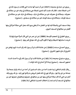 74
_
‫إبن‬ ‫وروي‬
‫صحيحه‬ ‫ي‬
‫ػ‬ ‫حبإن‬
(
2217
)
‫ي‬
‫ؤب‬ ‫تل‬ ‫رسول‬ ‫يإ‬ ‫فقإلت‬ ‫ي‬
‫إلنب‬ ‫جإءت‬ ‫أنهإ‬ ‫حميد‬ ‫أم‬ ‫عن‬
‫ي‬
‫ػ‬ ‫صةلتك‬ ‫من‬ ‫خت‬ ‫بيتك‬ ‫ي‬
‫ػ‬ ‫وصةلتك‬ ‫ي‬
‫مغ‬ ‫إلصةلة‬ ‫تحبي‬ ِ
‫أنك‬ ‫علمت‬ ‫قد‬ ‫فقإل‬ ، ‫معك‬ ‫إلصةلة‬ ‫أحب‬
‫ي‬
‫ػ‬ ‫صةلتك‬ ‫من‬ ‫خت‬ ‫دإرك‬ ‫ي‬
‫ػ‬ ‫وصةلتك‬ ، ‫دإرك‬ ‫ي‬
‫ػ‬ ‫صةلتك‬ ‫من‬ ‫خت‬ ‫حجرتك‬ ‫ي‬
‫ػ‬ ‫وصةلتك‬ ، ‫حجرتك‬
‫مسجدي‬ ‫ي‬
‫ػ‬ ‫صةلتك‬ ‫من‬ ‫خت‬ ‫قومك‬ ‫مسجد‬ ‫ي‬
‫ػ‬ ‫وصةلتك‬ ، ‫قومك‬ ‫مسجد‬
.
(
‫صحيح‬
)
‫بيتهإ‬ ‫ي‬
‫ػ‬ ‫أة‬‫ر‬‫إلم‬ ‫صةلة‬ ‫ي‬
‫إلنب‬ ‫جعل‬ ‫ذلك‬ ‫ومع‬ ‫ي‬
‫يخؼ‬ ‫إل‬ ‫مإ‬ ‫إلفضل‬ ‫من‬ ‫لهإ‬ ‫فيه‬ ‫وإلصةلة‬ ‫ي‬
‫إلنب‬ ‫مسجد‬ ‫وهذإ‬
‫إلنبوي‬ ‫إلمسجد‬ ‫ي‬
‫ػ‬ ‫صةلتهإ‬ ‫من‬ ‫أفضل‬
.
_
‫إألوسط‬ ‫إلمعجم‬ ‫ي‬
‫ػ‬ ‫ي‬
‫إب‬‫إلطت‬ ‫وروي‬
(
2890
)
‫ؤذإ‬ ‫وإنهإ‬ ‫عورة‬ ‫أة‬‫ر‬‫إلم‬ ‫قإل‬ ‫ي‬
‫إلنب‬ ‫عن‬‫عمر‬ ‫إبن‬ ‫عن‬
‫بيتهإ‬ ‫قعر‬ ‫ي‬
‫ػ‬ ‫منهإ‬ ‫تل‬ ‫ي‬
‫ؤل‬ ‫أقرب‬ ‫تكون‬ ‫إل‬ ‫وإنهإ‬ ‫إلشيطإن‬ ‫فهإ‬ ‫ر‬
‫إستش‬ ‫خرجت‬
.
(
‫صحيح‬
)
_
‫ي‬
‫ػ‬ ‫أحمد‬ ‫وروي‬
‫مسنده‬
(
25425
)
‫عن‬ ‫نهإهن‬ ‫إليوم‬ ‫إلنسإء‬ ‫أى‬‫ر‬ ‫تل‬ ‫رسول‬ ‫أن‬ ‫لو‬ ‫قإلت‬ ‫عإئشة‬ ‫عن‬
‫إلخروج‬ ‫عليهن‬ ‫م‬ َّ
‫حر‬ ‫أو‬ ‫إلخروج‬
.
(
‫صحيح‬
)
_
‫صحيحه‬ ‫ي‬
‫ػ‬ ‫مسلم‬ ‫وروي‬
(
4
/
163
)
‫إلنسإء‬ ‫أحدث‬ ‫مإ‬ ‫أي‬‫ر‬ ‫تل‬ ‫رسول‬ ‫أن‬ ‫لو‬ ‫قإلت‬ ‫عإئشة‬ ‫عن‬
‫إلمسجد‬ ‫لمنعهن‬
.
(
‫صحيح‬
)
‫إلوقت‬ ‫ذلك‬ ‫ي‬
‫ػ‬ ‫أحدثن‬
َّ
‫كن‬‫ومإذإ‬
. !
_
‫ي‬
‫إلشإفغ‬ ‫إؤلمإم‬ ‫وقإل‬
(
‫وإل‬ ‫جمعة‬ ‫بإتيإن‬ ‫نسإئه‬ ‫من‬ ‫أحدإ‬ ‫أمر‬ ‫إلمسلمي‬ ‫سلف‬ ‫من‬ ‫أحدإ‬ ‫علمت‬ ‫ومإ‬
‫نهإر‬ ‫وإل‬ ‫ليل‬ ‫من‬ ‫جمإعة‬
،
‫ؤليه‬ ‫لهن‬ ‫وأذنوإ‬ ‫به‬ ‫أمروهن‬ ‫فضل‬ ‫ذلك‬ ‫ي‬
‫ػ‬ ‫لهن‬ ‫كإن‬‫ولو‬
،
‫وتل‬ ‫روي‬ ‫قد‬ ‫بل‬
‫من‬ ‫خت‬ ‫حجرتهإ‬ ‫ي‬
‫ػ‬ ‫وصةلتهإ‬ ‫حجرتهإ‬ ‫ي‬
‫ػ‬ ‫صةلتهإ‬ ‫من‬ ‫خت‬ ‫بيتهإ‬ ‫ي‬
‫ػ‬ ‫أة‬‫ر‬‫إلم‬ ‫صةلة‬ ‫قإل‬ ‫أنه‬ ‫ي‬
‫إلنب‬ ‫عن‬ ‫أعلم‬
‫إلمسإجد‬ ‫أو‬ ‫إلمسجد‬ ‫ي‬
‫ػ‬ ‫صةلتهإ‬
)
(
‫ي‬
‫للشإفغ‬ ‫إلحديث‬ ‫إختةلف‬
/
8
/
624
)
 