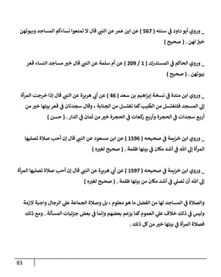 83
_
‫سننه‬ ‫ي‬
‫ػ‬ ‫دإود‬ ‫أبو‬ ‫وروي‬
(
567
)
‫وبيوتهن‬ ‫إلمسإجد‬ ‫نسإءكم‬ ‫تمنعوإ‬ ‫إل‬ ‫قإل‬ ‫ي‬
‫إلنب‬ ‫عن‬‫عمر‬ ‫إبن‬ ‫عن‬
‫لهن‬ ٌ
‫خت‬
.
(
‫صحيح‬
)
_
‫إلمستدرك‬ ‫ي‬
‫ػ‬ ‫إلحإكم‬ ‫وروي‬
(
1
/
209
)
‫قعر‬ ‫إلنسإء‬ ‫مسإجد‬ ‫خت‬ ‫قإل‬ ‫ي‬
‫إلنب‬ ‫عن‬ ‫سلمة‬ ‫أم‬ ‫عن‬
‫بيوتهن‬
.
(
‫صحيح‬
)
_
‫سعد‬ ‫بن‬ ‫إهيم‬‫ر‬‫ؤب‬ ‫نسخة‬ ‫ي‬
‫ػ‬ ‫مندة‬ ‫إبن‬ ‫وروي‬
(
46
)
‫أة‬‫ر‬‫إلم‬ ‫خرجت‬ ‫ؤذإ‬ ‫قإل‬ ‫ي‬
‫إلنب‬ ‫عن‬ ‫هريرة‬ ‫ي‬
‫أب‬ ‫عن‬
‫من‬ ‫خت‬ ‫بيتهإ‬ ‫قعر‬ ‫ي‬
‫ػ‬ ‫سجدتإن‬ ‫وقإل‬ ، ‫إلجنإبة‬ ‫من‬ ‫تغتسل‬ ‫كمإ‬‫يب‬
ِّ
‫إلط‬ ‫من‬ ‫فلتغتسل‬ ‫إلمسجد‬ ‫ي‬
‫ؤل‬
‫إلدإر‬ ‫ي‬
‫ػ‬ ‫ثمإن‬ ‫من‬ ‫خت‬ ‫إلحجرة‬ ‫ي‬
‫ػ‬ ‫كعإت‬
‫ر‬ ‫ع‬‫وأرب‬ ‫إلحجرة‬ ‫ي‬
‫ػ‬ ‫سجدإت‬ ‫ع‬‫أرب‬
.
(
‫حسن‬
)
_
‫صحيحه‬ ‫ي‬
‫ػ‬ ‫خزيمة‬ ‫إبن‬ ‫وروي‬
(
1596
)
‫تصليهإ‬ ‫صةلة‬ ‫أحب‬ ‫ؤن‬ ‫قإل‬ ‫ي‬
‫إلنب‬ ‫عن‬ ‫مسعود‬ ‫إبن‬ ‫عن‬
‫ظلمة‬ ‫بيتهإ‬ ‫ي‬
‫ػ‬ ‫مكإن‬ ‫أشد‬ ‫ي‬
‫ػ‬ ‫تل‬ ‫ي‬
‫ؤل‬ ‫أة‬‫ر‬‫إلم‬
.
(
‫ه‬‫لغت‬ ‫صحيح‬
)
_
‫صحيحه‬ ‫ي‬
‫ػ‬ ‫خزيمة‬ ‫إبن‬ ‫وروي‬
(
1597
)
‫أة‬‫ر‬‫إلم‬ ‫تصليهإ‬ ‫صةلة‬ ‫أحب‬ ‫ؤن‬ ‫قإل‬ ‫ي‬
‫إلنب‬ ‫عن‬ ‫هريرة‬ ‫ي‬
‫أب‬ ‫عن‬
‫ظلمة‬ ‫بيتهإ‬ ‫من‬ ‫مكإن‬ ‫أشد‬ ‫ي‬
‫ػ‬ ‫ي‬
‫تصل‬ ‫أن‬ ‫تل‬ ‫ي‬
‫ؤل‬
.
(
‫ه‬‫لغت‬ ‫صحيح‬
)
‫إلزمة‬ ‫وإجبة‬ ‫إلرجإل‬ ‫ي‬
‫عل‬ ‫إلجمإعة‬ ‫وصةلة‬ ‫بل‬ ، ‫معلوم‬ ‫هو‬ ‫مإ‬ ‫إلفضل‬ ‫من‬ ‫لهإ‬ ‫إلمسإجد‬ ‫ي‬
‫ػ‬ ‫وإلصةلة‬
‫إلمسألة‬ ‫جزئيإت‬ ‫بعض‬ ‫ي‬
‫ػ‬ ‫وإنمإ‬ ‫بعضهم‬ ‫يزعم‬ ‫كمإ‬‫إلعموم‬ ‫ي‬
‫عل‬ ‫خةلف‬ ‫ذلك‬ ‫ي‬
‫ػ‬ ‫وليس‬
.
‫ذلك‬ ‫ومع‬
‫ذلك‬ ‫كل‬‫من‬ ‫خت‬ ‫بيتهإ‬ ‫ي‬
‫ػ‬ ‫أة‬‫ر‬‫إلم‬ ‫فصةلة‬
.
 