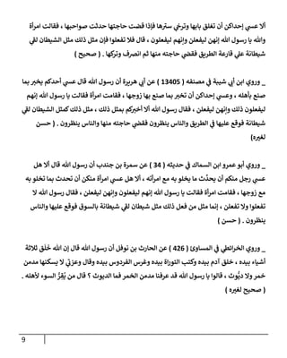 9
‫أة‬‫ر‬‫إم‬ ‫فقإلت‬ ، ‫صوإحبهإ‬ ‫حدثت‬ ‫حإجتهإ‬ ‫قضت‬ ‫فؤذإ‬ ‫هإ‬ ‫ر‬
‫ست‬ ‫ي‬
‫وترخ‬ ‫بإبهإ‬ ‫تغلق‬ ‫أن‬ ‫ؤحدإكن‬ ‫ي‬
‫عش‬ ‫أإل‬
‫ي‬
‫ر‬
‫لؼ‬ ‫إلشيطإن‬ ‫مثل‬ ‫ذلك‬ ‫مثل‬ ‫فؤن‬ ‫تفعلوإ‬ ‫فةل‬ ‫قإل‬ ، ‫ليفعلون‬ ‫وإنهم‬ ‫ليفعلن‬ ‫ؤنهن‬ ‫تل‬ ‫رسول‬ ‫يإ‬ ‫وتل‬
‫كهإ‬
‫وتر‬ ‫إنرصف‬ ‫ثم‬ ‫منهإ‬ ‫حإجته‬ ‫ي‬
‫فقض‬ ‫إلطريق‬ ‫قإرعة‬ ‫ي‬
‫عل‬ ‫شيطإنة‬
.
(
‫صحيح‬
)
_
‫مصنفه‬ ‫ي‬
‫ػ‬ ‫شيبة‬ ‫ي‬
‫أب‬ ‫إبن‬ ‫وروي‬
(
13405
)
‫بمإ‬ ‫يخت‬ ‫أحدكم‬ ‫ي‬
‫عش‬ ‫قإل‬ ‫تل‬ ‫رسول‬ ‫أن‬ ‫هريرة‬ ‫ي‬
‫أب‬ ‫عن‬
‫ؤنهم‬ ‫تل‬ ‫رسول‬ ‫يإ‬ ‫فقإلت‬ ‫أة‬‫ر‬‫إم‬ ‫فقإمت‬ ، ‫زوجهإ‬ ‫بهإ‬ ‫صنع‬ ‫بمإ‬ ‫تخت‬ ‫أن‬ ‫ؤحدإكن‬ ‫ي‬
‫وعش‬ ، ‫بأهله‬ ‫صنع‬
‫ي‬
‫ر‬
‫لؼ‬ ‫إلشيطإن‬ ‫كمثل‬‫ذلك‬ ‫مثل‬ ، ‫ذلك‬ ‫بمثل‬ ‫كم‬
‫أخت‬ ‫أإل‬ ‫تل‬ ‫رسول‬ ‫فقإل‬ ، ‫ليفعلن‬ ‫وإنهن‬ ‫ذلك‬ ‫ليفعلون‬
‫ينظرون‬ ‫وإلنإس‬ ‫منهإ‬ ‫حإجته‬ ‫ي‬
‫فقض‬ ‫ينظرون‬ ‫وإلنإس‬ ‫إلطريق‬ ‫ي‬
‫ػ‬ ‫عليهإ‬ ‫فوقع‬ ‫شيطإنة‬
.
(
‫حسن‬
‫ه‬‫لغت‬
)
_
‫حديثه‬ ‫ي‬
‫ػ‬ ‫إلسمإك‬ ‫إبن‬ ‫عمرو‬‫أبو‬ ‫وروي‬
(
34
)
‫هل‬ ‫أإل‬ ‫قإل‬ ‫تل‬ ‫رسول‬ ‫أن‬ ‫جندب‬ ‫بن‬ ‫سمرة‬ ‫عن‬
‫به‬ ‫تخلو‬ ‫بمإ‬ ‫تحدث‬ ‫أن‬ ‫منكن‬ ‫أة‬‫ر‬‫إم‬ ‫ي‬
‫عش‬ ‫هل‬ ‫أإل‬ ، ‫أته‬‫ر‬‫إم‬ ‫مع‬ ‫به‬ ‫يخلو‬ ‫مإ‬ ‫ث‬
ِّ
‫يحد‬ ‫أن‬ ‫منكم‬ ‫رجل‬ ‫ي‬
‫عش‬
‫إل‬ ‫تل‬ ‫رسول‬ ‫فقإل‬ ، ‫ليفعلن‬ ‫وإنهن‬ ‫ليفعلون‬ ‫ؤنهم‬ ‫تل‬ ‫رسول‬ ‫يإ‬ ‫فقإلت‬ ‫أة‬‫ر‬‫إم‬ ‫فقإمت‬ ، ‫زوجهإ‬ ‫مع‬
‫وإلنإس‬ ‫عليهإ‬ ‫فوقع‬ ‫بإلسوق‬ ‫شيطإنة‬ ‫ي‬
‫ر‬
‫لؼ‬ ‫شيطإن‬ ‫مثل‬ ‫ذلك‬ ‫فعل‬ ‫من‬ ‫مثل‬ ‫ؤنمإ‬ ، ‫تفعلن‬ ‫وإل‬ ‫تفعلوإ‬
‫ينظرون‬
.
(
‫حسن‬
)
_
‫إلمسإوئ‬ ‫ي‬
‫ػ‬ ‫ي‬
‫إئظ‬‫ر‬‫إلخ‬ ‫وروي‬
(
426
)
‫ثةلثة‬ ‫ق‬
َ
‫ل‬
َ
‫خ‬ ‫تل‬ ‫ؤن‬ ‫قإل‬ ‫تل‬ ‫رسول‬ ‫أن‬ ‫نوفل‬ ‫بن‬ ‫إلحإرث‬ ‫عن‬
‫مدمن‬ ‫يسكنهإ‬ ‫إل‬ ‫ي‬
‫ر‬
‫وعزب‬ ‫وقإل‬ ‫بيده‬ ‫إلفردوس‬ ‫وغرس‬ ‫بيده‬ ‫إة‬‫ر‬‫إلتو‬ ‫وكتب‬ ‫بيده‬ ‫آدم‬ ‫خلق‬ ، ‫بيده‬ ‫أشيإء‬
‫ألهله‬ ‫إلسوء‬ ُّ
‫ر‬ ِ
‫ق‬
ُ
‫ي‬ ‫من‬ ‫قإل‬ ‫؟‬ ‫إلديوث‬ ‫فمإ‬ ‫إلخمر‬ ‫مدمن‬ ‫عرفنإ‬ ‫قد‬ ‫تل‬ ‫رسول‬ ‫يإ‬ ‫قإلوإ‬ ، ‫وث‬
ُّ
‫دي‬ ‫وإل‬‫خمر‬
.
(
‫ه‬‫لغت‬ ‫صحيح‬
)
 