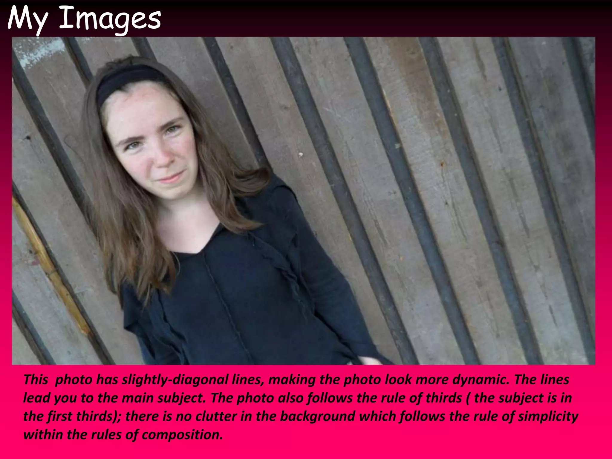 My ImagesThis  photo has slightly-diagonal lines, making the photo look more dynamic. The lines lead you to the main subject. The photo also follows the rule of thirds ( the subject is in the first thirds); there is no clutter in the background which follows the rule of simplicity within the rules of composition.