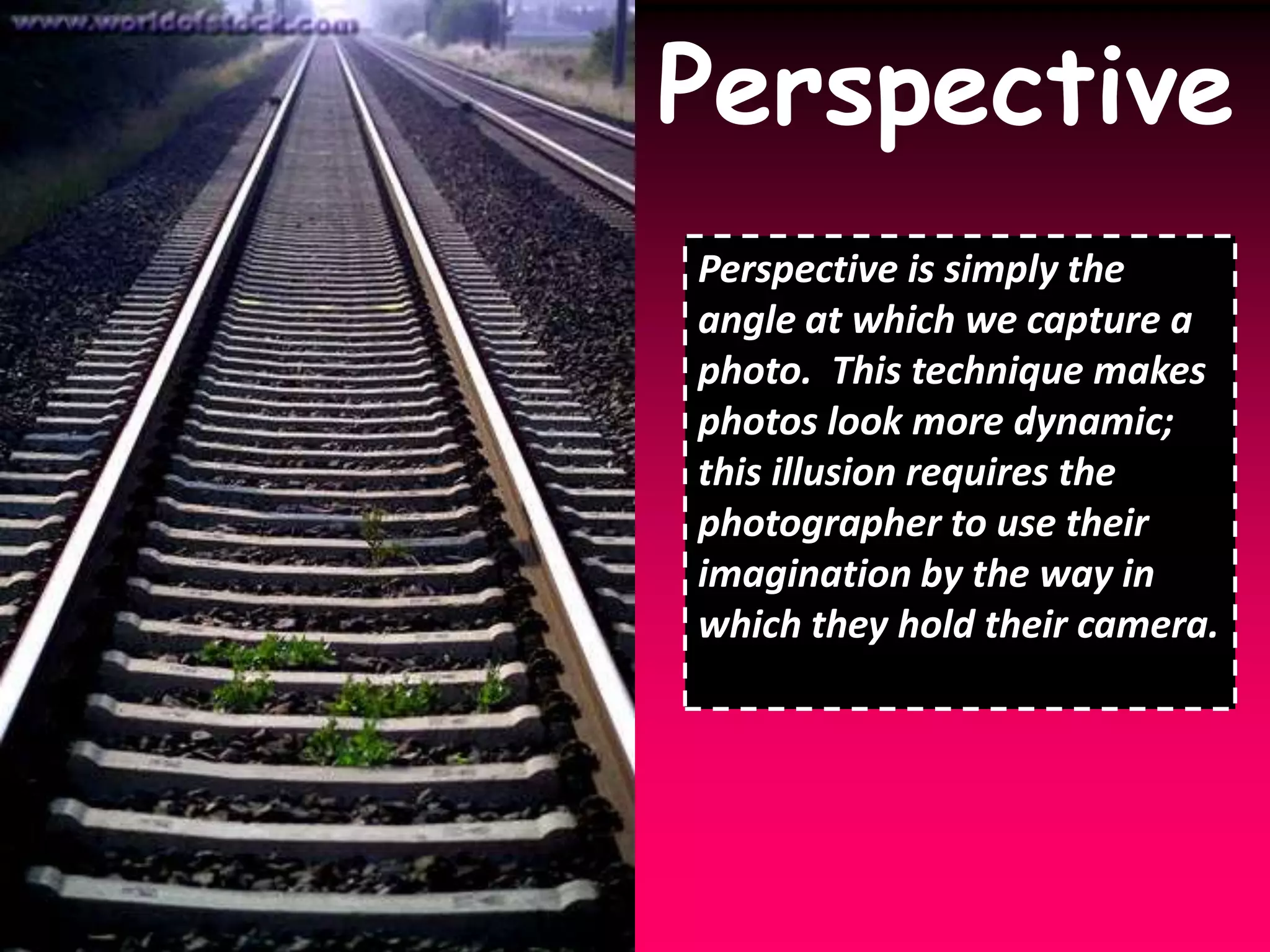 PerspectivePerspective is simply the angle at which we capture a photo.  This technique makes photos look more dynamic; this illusion requires the photographer to use their imagination by the way in which they hold their camera.