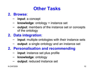 Other Tasks
2. Browse:
    – input: a concept
    – knowledge: ontology + instance set
    – output: members of the instance set or concepts
      of the ontology
2. Data integration:
    – input: multiple ontologies with their instance sets
    – output: a single ontology and an instance set
2. Personalisation and recommending
    – input: instance set plus profile
    – knowledge: ontology
    – output: reduced instance set
K-CAP2009                                               10
 