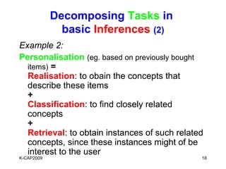Decomposing Tasks in
              basic Inferences (2)
Example 2:
Personalisation (eg. based on previously bought
  items) =
  Realisation: to obain the concepts that
  describe these items
  +
  Classification: to find closely related
  concepts
  +
  Retrieval: to obtain instances of such related
  concepts, since these instances might of be
  interest to the user
K-CAP2009                                      18
 