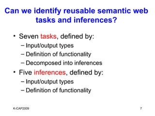 Can we identify reusable semantic web
        tasks and inferences?

  • Seven tasks, defined by:
      – Input/output types
      – Definition of functionality
      – Decomposed into inferences
  • Five inferences, defined by:
      – Input/output types
      – Definition of functionality

  K-CAP2009                           7
 