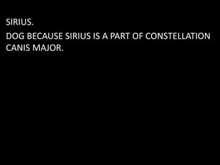 SIRIUS.
DOG BECAUSE SIRIUS IS A PART OF CONSTELLATION
CANIS MAJOR.
 