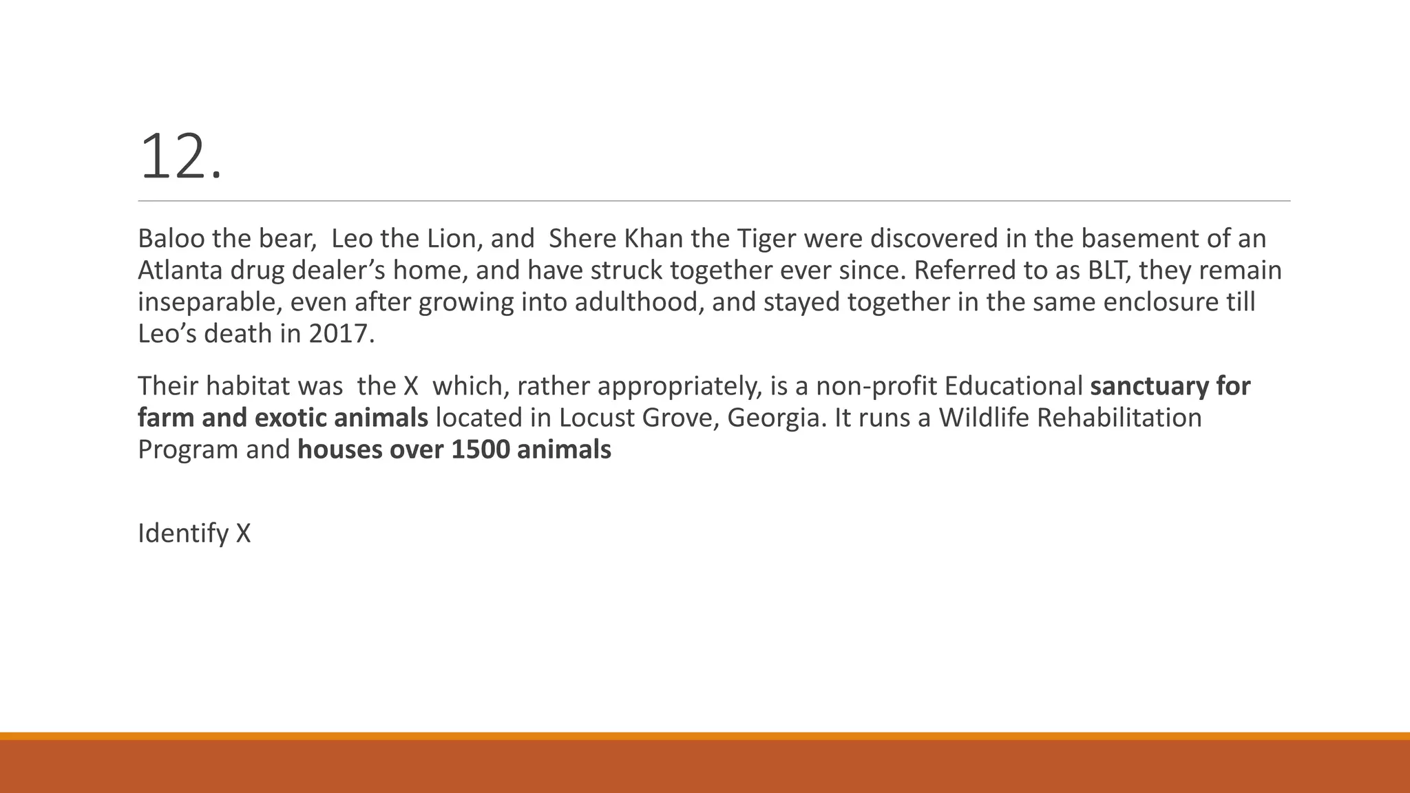 12.
Baloo the bear, Leo the Lion, and Shere Khan the Tiger were discovered in the basement of an
Atlanta drug dealer’s home, and have struck together ever since. Referred to as BLT, they remain
inseparable, even after growing into adulthood, and stayed together in the same enclosure till
Leo’s death in 2017.
Their habitat was the X which, rather appropriately, is a non-profit Educational sanctuary for
farm and exotic animals located in Locust Grove, Georgia. It runs a Wildlife Rehabilitation
Program and houses over 1500 animals
Identify X
 