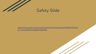 Safety Slide
https://docs.google.com/spreadsheets/d/1OL7go19rRpSdxemQXHM0cTBds2hjs
pj7_U7Ag7NdOCQ/edit#gid=92299482
 