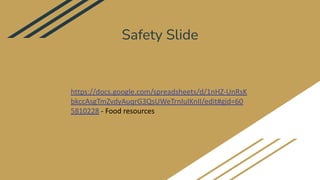Safety Slide
https://docs.google.com/spreadsheets/d/1nHZ-UnRsK
bkccAsgTmZvdyAuqrG3QsUWeTrnIuIKnII/edit#gid=60
5810228 - Food resources
 