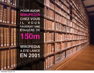 23
POUR AVOIR
WIKIPEDIA
CHEZ VOUS
I L V O U S
FAUDRAIT UNE
ÉTAGÈRE DE
150m
WIKIPEDIA
A ÉTÉ LANCÉ
EN 2001
mercredi 12 juin 13
 