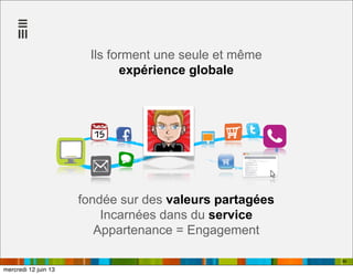 Ils forment une seule et même
expérience globale
88
fondée sur des valeurs partagées
Incarnées dans du service
Appartenance = Engagement
mercredi 12 juin 13
 