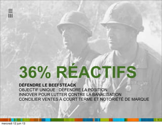 9
DÉFENDRE LE BEEFSTEACK
OBJECTIF UNIQUE : DÉFENDRE LA POSITION
INNOVER POUR LUTTER CONTRE LA BANALISATION
CONCILIER VENTES À COURT TERME ET NOTORIÉTÉ DE MARQUE
36% RÉACTIFS
mercredi 12 juin 13
 