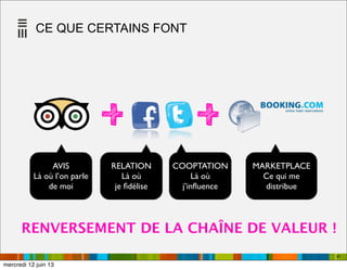 CE QUE CERTAINS FONT
91
++AVIS
Là où l’on parle
de moi
RELATION
Là où
je ﬁdélise
COOPTATION
Là où
j’inﬂuence
MARKETPLACE
Ce qui me
distribue
RENVERSEMENT DE LA CHAÎNE DE VALEUR !
mercredi 12 juin 13
 