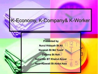 K-Economy, K-Company& K-Worker Presented by Nurul Hidayah Bt Ali Norazah Bt Md Yusof Zialoma Bt Noh Nurul Ain BT Khairul Anuar Noor Azawati Bt Abdul Aziz 