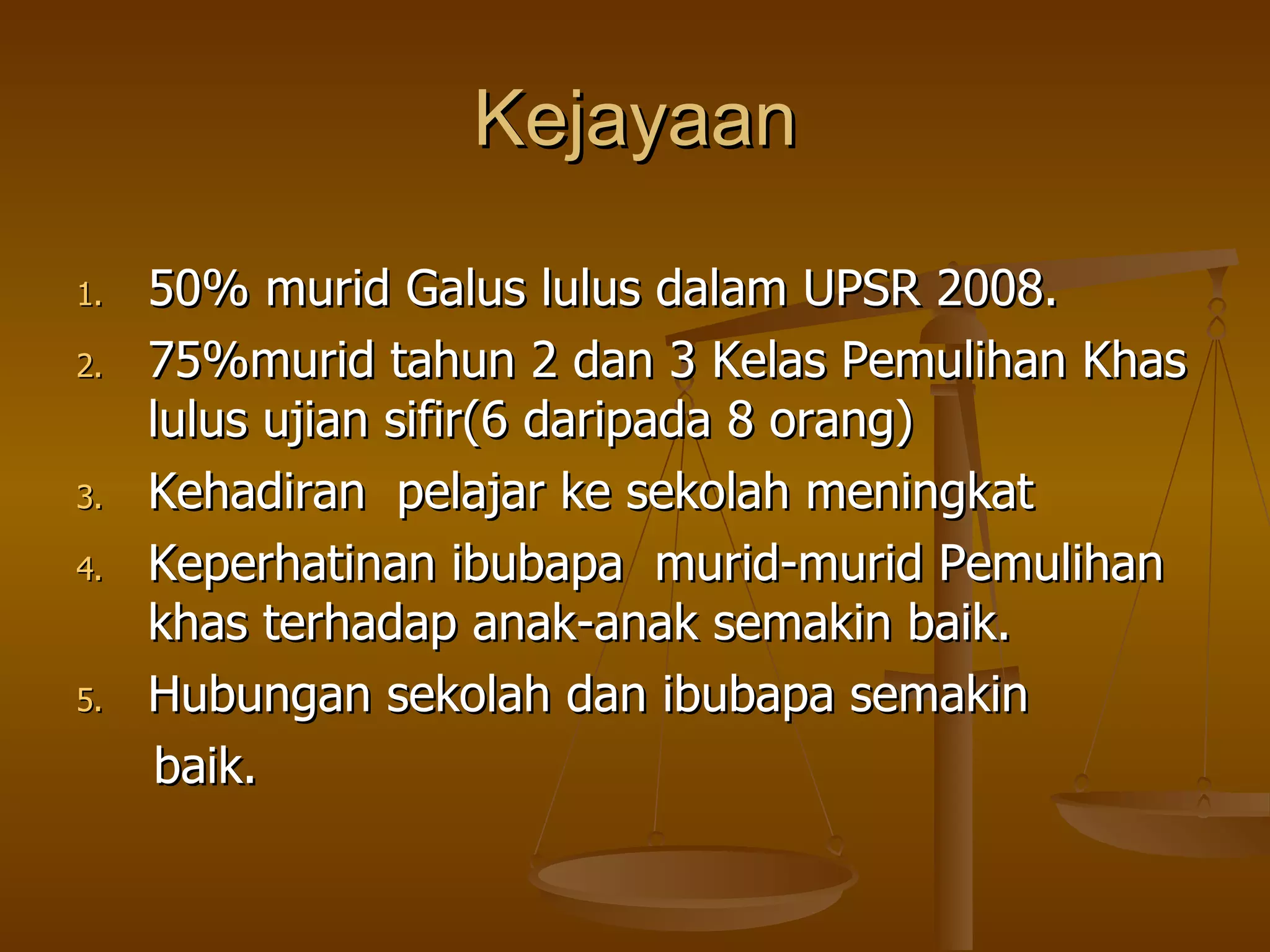 Kejayaan 50% murid Galus lulus dalam UPSR 2008. 75%murid tahun 2 dan 3 Kelas Pemulihan Khas lulus ujian sifir(6 daripada 8 orang) Kehadiran  pelajar ke sekolah meningkat Keperhatinan ibubapa  murid-murid Pemulihan khas terhadap anak-anak semakin baik. Hubungan sekolah dan ibubapa semakin baik. 