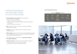 0104
k-IFRS16 includes features
that will strongly facilitate
the success of your project
•	 Create collaborative communities within the application
	 and build a constructive dialogue :
	 •	 between Corporate and subsidiaries
	 •	 within each company, between the different departments implicated
	 	 in the process
	 •	 between the auditors and the group
•	 Add qualitative information and comment any figure, dashboard…
	 at any level of the process
•	 Compare the impact of different scenarios in parallel, and make
	 informed decisions
•	 Work in a group using an end to end solution, without breaking the digital
	 chain, enabling you to measure in real time and anticipate the impacts of
	 a decision at any level of the hierarchy
•	 Use screens built on a « look & feel » Excel, reducing considerably
	 the change management
•	 Design action plans enabling you to follow the degree of progress in :
	 •	 preparing the IFRS16 in each company of the group
	 •	 data collection processes in the operational phase
Image business
Enter the IFRS16 application via the menu
 