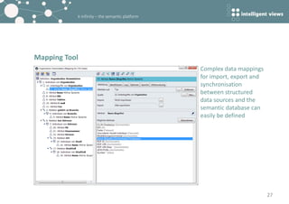 k-infinity – the semantic platform
Mapping Tool
27
Complex data mappings
for import, export and
synchronisation
between structured
data sources and the
semantic database can
easily be defined
 