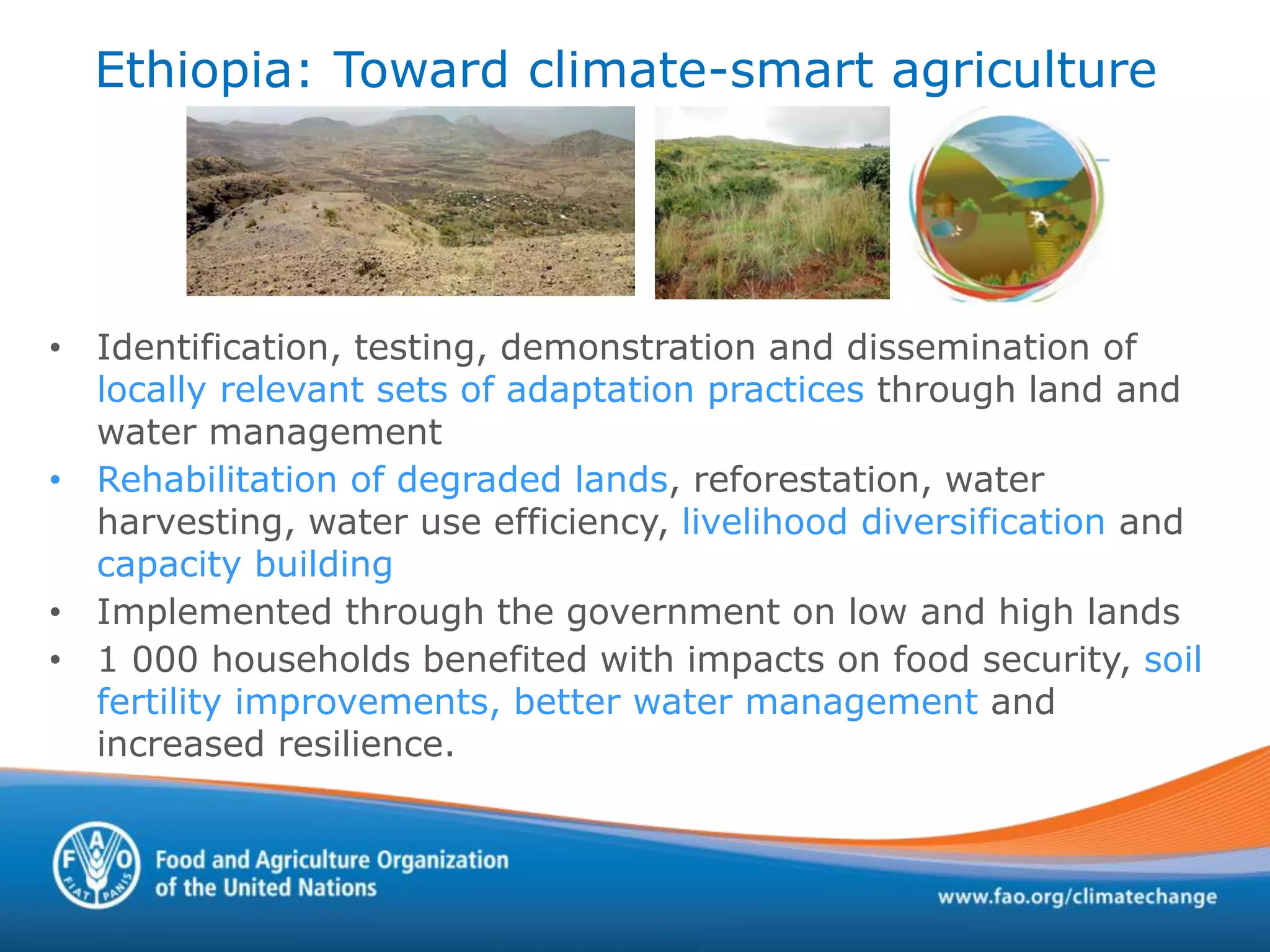 Ethiopia: Toward climate-smart agriculture
• Identification, testing, demonstration and dissemination of
locally relevant sets of adaptation practices through land and
water management
• Rehabilitation of degraded lands, reforestation, water
harvesting, water use efficiency, livelihood diversification and
capacity building
• Implemented through the government on low and high lands
• 1 000 households benefited with impacts on food security, soil
fertility improvements, better water management and
increased resilience.
 