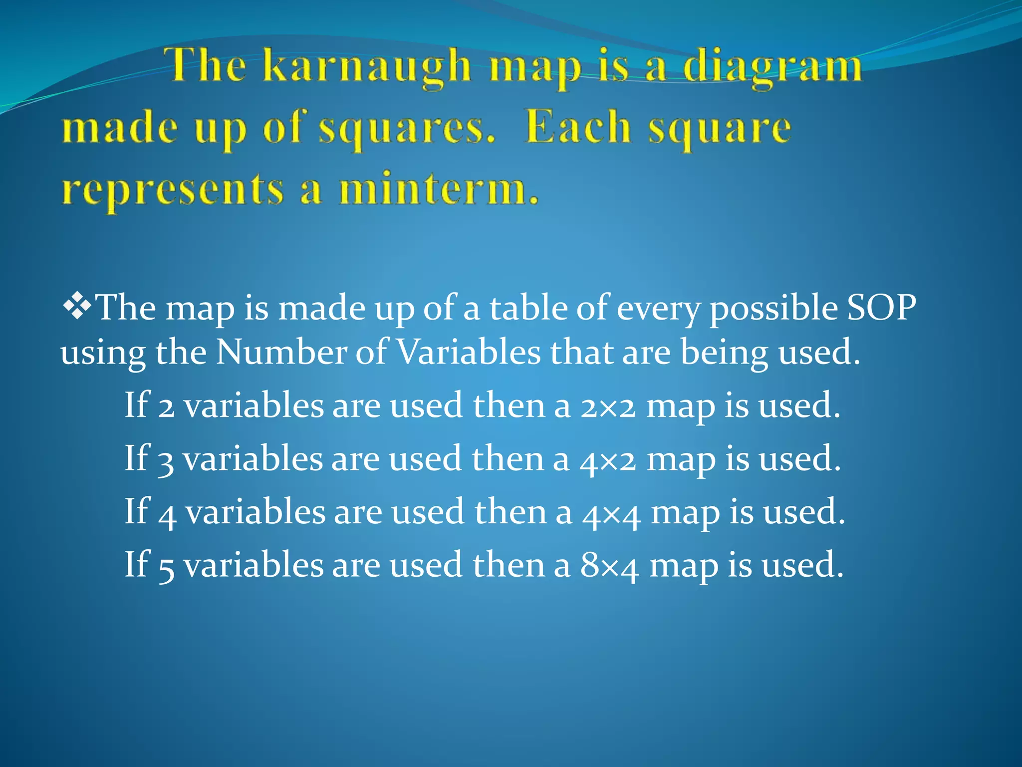The map is made up of a table of every possible SOP
using the Number of Variables that are being used.
If 2 variables are used then a 2×2 map is used.
If 3 variables are used then a 4×2 map is used.
If 4 variables are used then a 4×4 map is used.
If 5 variables are used then a 8×4 map is used.
 