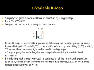  Simplify the given 2-variable Boolean equation by using K-map.
 F = XY’ + X’Y + X’Y’
 We put 1 at the output terms given in equation.
 In this K-map, we can create 2 groups by following the rules for grouping, one is
by combining (X’,Y) and (X’,Y’) terms and the other is by combining (X,Y’) and (X’,
Y’) terms. Here the lower right cell is used in both groups.
After grouping the variables, the next step is determining the minimized
expression.
 By reducing each group, we obtain a conjunction of the minimized expression
such as by taking out the common terms from two groups, i.e. X’ andY’. So the
reduced equation will be X’ +Y’.
 