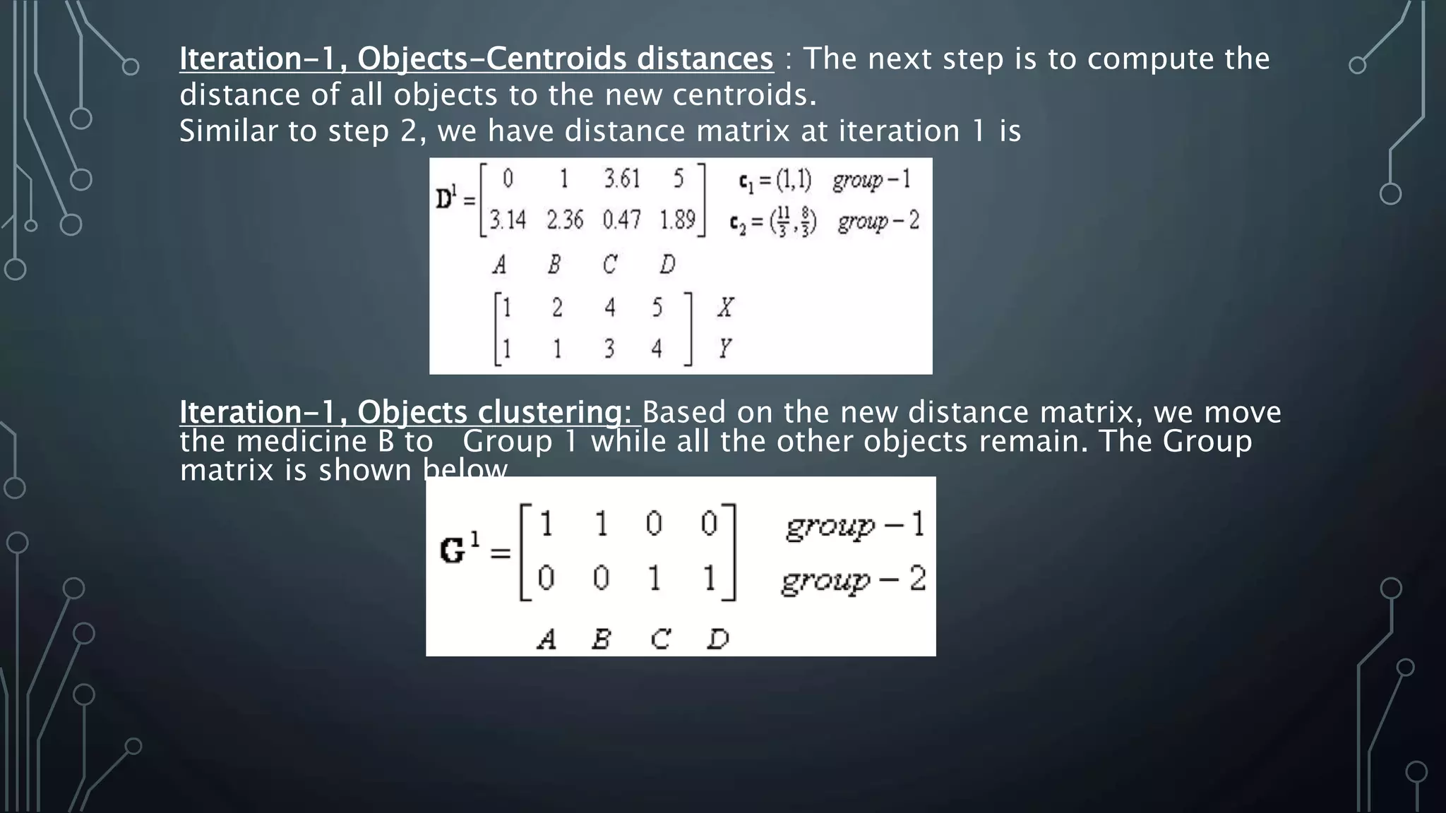 Iteration-1, Objects clustering: Based on the new distance matrix, we move
the medicine B to Group 1 while all the other objects remain. The Group
matrix is shown below
Iteration-1, Objects-Centroids distances : The next step is to compute the
distance of all objects to the new centroids.
Similar to step 2, we have distance matrix at iteration 1 is
 