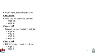 22
• From here, New clusters are-
Cluster-01:
• First cluster contains points-
• A1(2, 10)
• A8(4, 9)
Cluster-02:
• Second cluster contains points-
• A3(8, 4)
• A4(5, 8)
• A5(7, 5)
• A6(6, 4)
Cluster-03:
• Third cluster contains points-
• A2(2, 5)
• A7(1, 2)
 