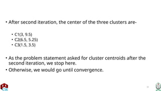 24
• After second iteration, the center of the three clusters are-
• C1(3, 9.5)
• C2(6.5, 5.25)
• C3(1.5, 3.5)
• As the problem statement asked for cluster centroids after the
second iteration, we stop here.
• Otherwise, we would go until convergence.
 
