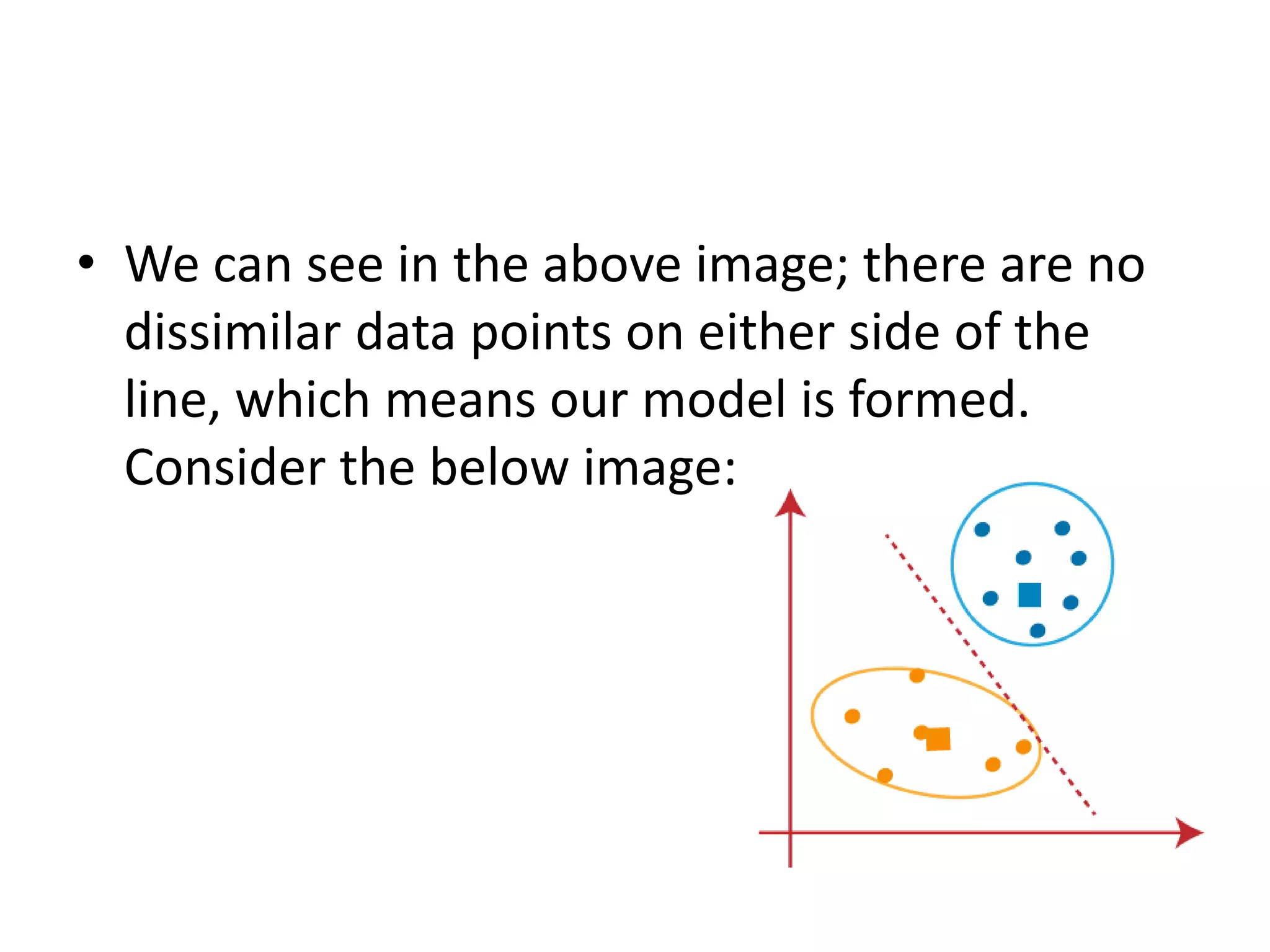 • We can see in the above image; there are no
dissimilar data points on either side of the
line, which means our model is formed.
Consider the below image:
 