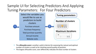 Sample UI for Selecting Predictors And Applying
Tuning Parameters: For Four Predictors
Select the variables you
would like to use as
predictors to build
clusters
Purchase amount
Purchase frequency
Total purchase quantity
Annual income
Website visits
21
Tuning parameters
Number of clusters
Maximum iterations
 The silhouette score is another useful criterion for assessing the natural and optimal
number of clusters as well as for checking overall quality of partition
 The largest silhouette score, over different K, indicates the best number of clusters
 
