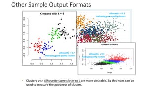 silhouette = -0.5
Indicating poor quality clusters
silhouette = 0.7
Indicating good quality clusters
 Clusters with silhouette score closer to 1 are more desirable. So this index can be
used to measure the goodness of clusters.
silhouette = 0.3
Average quality clusters
Other Sample Output Formats
 