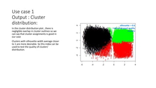 Use case 1
Output : Cluster
distribution:
In the cluster distribution plot , there is
negligible overlap in cluster outlines so we
can say that cluster assignments is good in
our case
Clusters with silhouette width average closer
to 1 are more desirable. So this index can be
used to test the quality of clusters’
distribution.
silhouette = 0.6
Indicating good quality
clusters
 