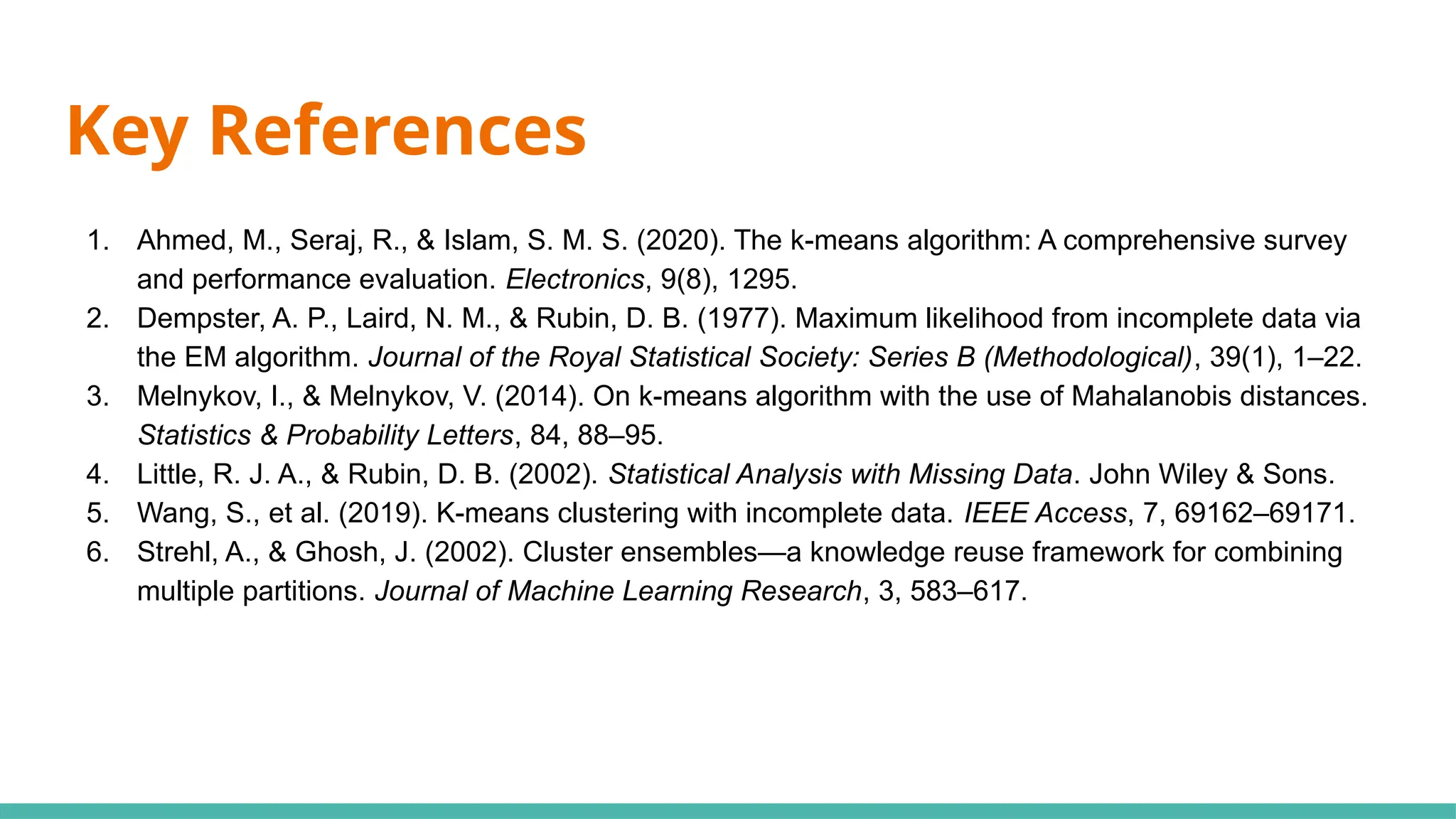 Key References
1. Ahmed, M., Seraj, R., & Islam, S. M. S. (2020). The k-means algorithm: A comprehensive survey
and performance evaluation. Electronics, 9(8), 1295.
2. Dempster, A. P., Laird, N. M., & Rubin, D. B. (1977). Maximum likelihood from incomplete data via
the EM algorithm. Journal of the Royal Statistical Society: Series B (Methodological), 39(1), 1–22.
3. Melnykov, I., & Melnykov, V. (2014). On k-means algorithm with the use of Mahalanobis distances.
Statistics & Probability Letters, 84, 88–95.
4. Little, R. J. A., & Rubin, D. B. (2002). Statistical Analysis with Missing Data. John Wiley & Sons.
5. Wang, S., et al. (2019). K-means clustering with incomplete data. IEEE Access, 7, 69162–69171.
6. Strehl, A., & Ghosh, J. (2002). Cluster ensembles—a knowledge reuse framework for combining
multiple partitions. Journal of Machine Learning Research, 3, 583–617.
 