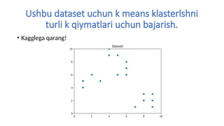 Ushbu dataset uchun k means klasterlshni
turli k qiymatlari uchun bajarish.
• Kagglega qarang!
 