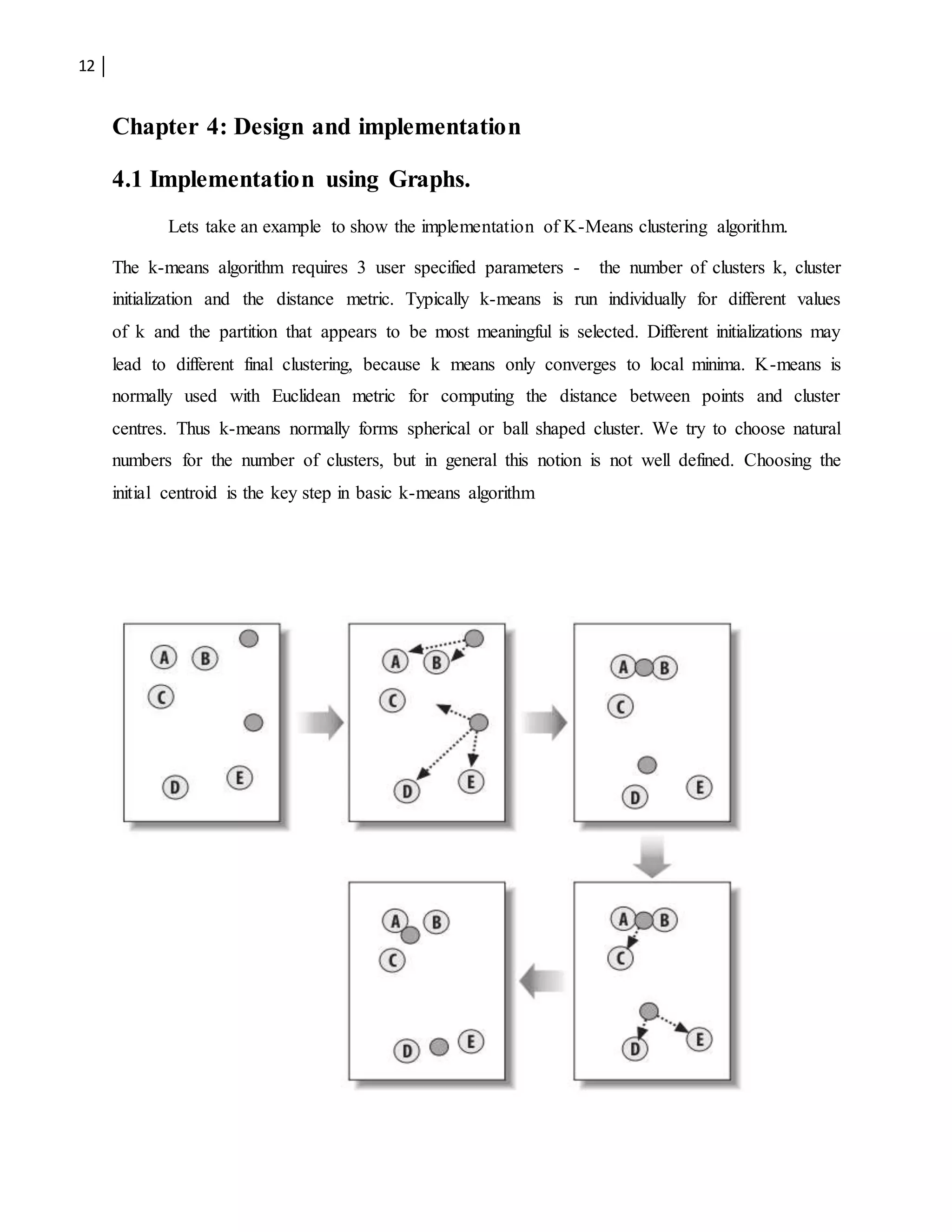 12
Chapter 4: Design and implementation
4.1 Implementation using Graphs.
Lets take an example to show the implementation of K-Means clustering algorithm.
The k-means algorithm requires 3 user specified parameters - the number of clusters k, cluster
initialization and the distance metric. Typically k-means is run individually for different values
of k and the partition that appears to be most meaningful is selected. Different initializations may
lead to different final clustering, because k means only converges to local minima. K-means is
normally used with Euclidean metric for computing the distance between points and cluster
centres. Thus k-means normally forms spherical or ball shaped cluster. We try to choose natural
numbers for the number of clusters, but in general this notion is not well defined. Choosing the
initial centroid is the key step in basic k-means algorithm
 