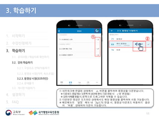 3. 학습하기
① 네트워크에 연결된 상태에서 버튼을 클릭하여 동영상을 다운받습니다.
※다운로드중일때는오른쪽위상단에원이,다운완료시 로 변경됨)
※강좌삭제를원할시,왼쪽으로 드래그하면 삭제할 수 있습니다.
② 다운받은 영상은 오프라인 상태에서도 해당 동영상을 클릭하여 시청 가능합니다.
※ 메인메뉴의 ‘설정’메뉴 내‘3g/LTE 연결 시, 동영상 다운로드 허용하기’옵션
이 ‘허용’상태여야 다운이 가능합니다.
11
1. 시작하기
2. 수강신청하기
3. 학습하기
3.1. 공지사항 / 학습자료 확인하기
3.2. 강좌 학습하기
3.2.1. 구성요소 선택/이동하기
3.2.2. 동영상 시청(자막, 속도조절)
3.2.3. 동영상 시청(오프라인)
3.2.4. 문제풀기
3.3. 게시판 이용하기
4. 설정하기
5. FAQ
②①
 